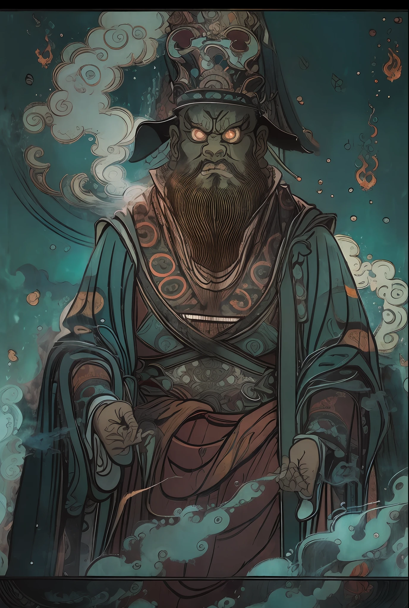 masterpiece, traditional_media, best quality, [realistic], extremely detailed CG ,anime, Dark Fantasy, Intense Atmosphere, Mysterious Atmosphere, traditional_media, best quality, smoke,horror \(theme\), long beard, 1 boy, old, long sleeves, portrait,red robe, solo, very long beard, ribbon, cloud, smoke, diyu,fire, parody, dark red background,skull, [fire], sky,[dark-skinned male:0.5], headdress, jewelry, long sleeves,angry，beard