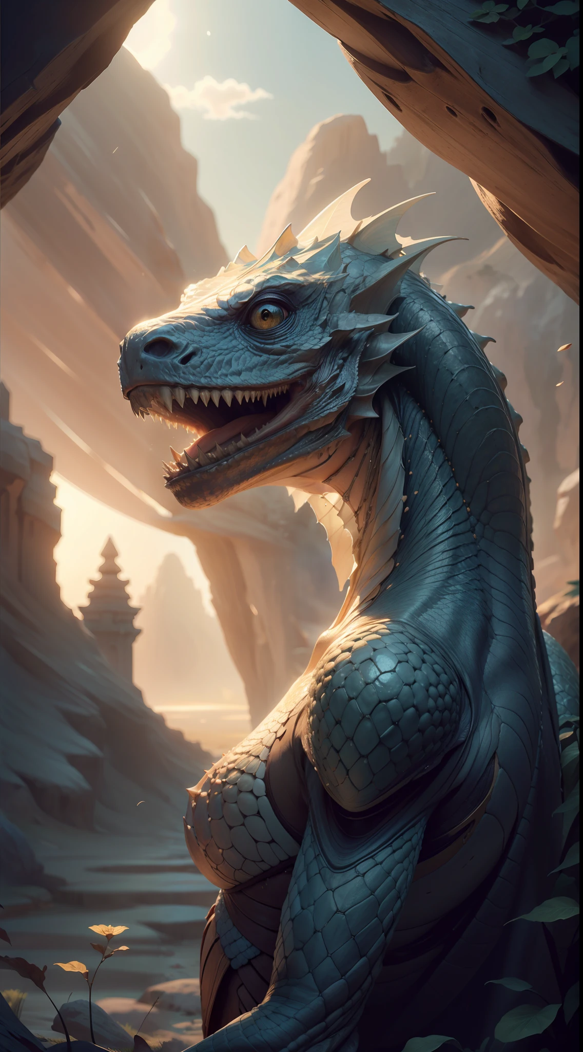 (beste-Qualit), (tmasterpiece), (Detailed:1.4), an alien, The structure of the lizard, Walk through the rocky desert with solitary rare shrubs and blades of grass, The Scorching Sun, breath taking beautiful, Stunning, Pure perfection, The Divine Presence, unforgettable, impressive, Focused, Professional, Ultra HD, Realistic, high detail, Perfect composition, finely detail, Insanely fine detail, an artistic, soft natural lighting, 12)