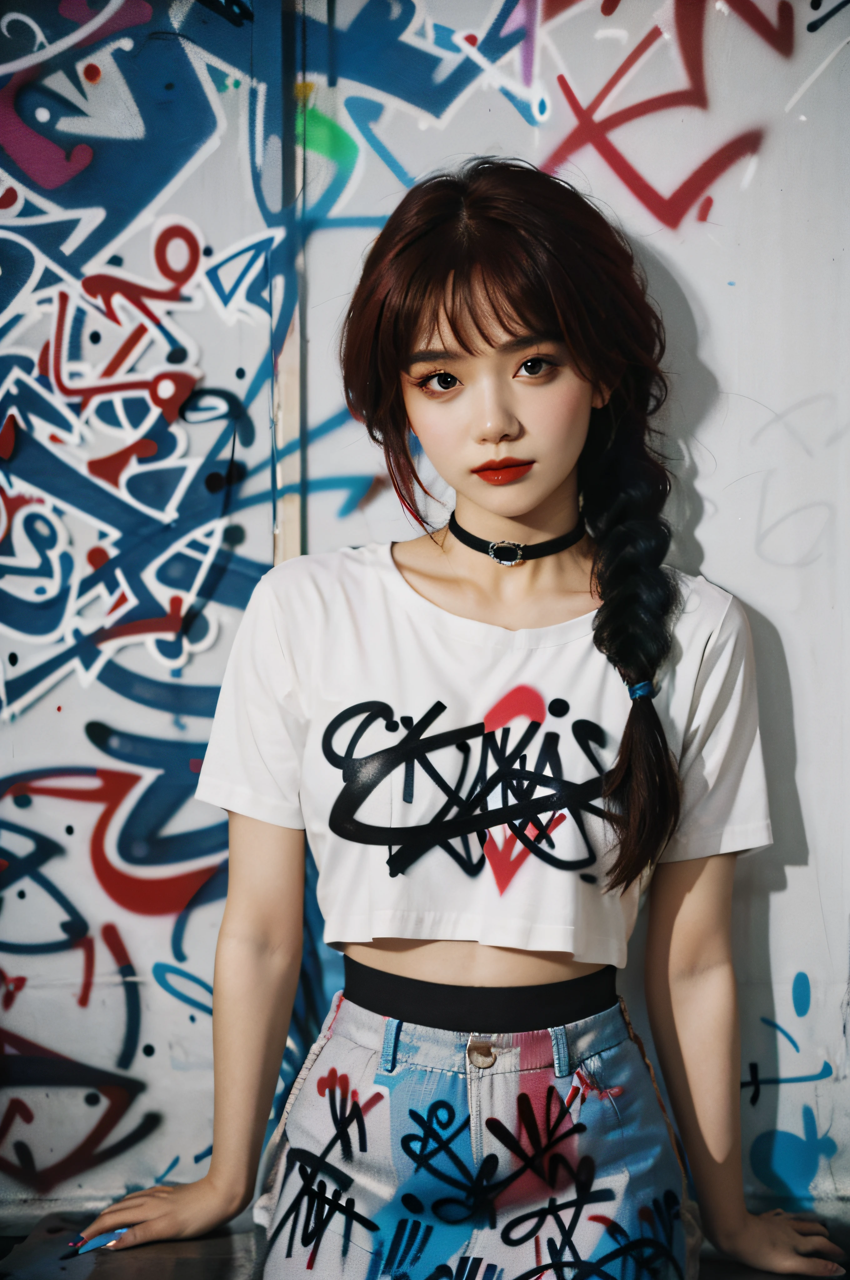 masterpiece, best quality, 1girl, solo, stylish crop top, vibrant red hair, elegant braid, soft bangs, alluring choker, (graffiti:1.5), artistic paint splatter, seductive arms behind back, leaning against wall, looking at viewer, fashionable armband, urban hiphop style, flirty skirt, playful head tilt, intense expression, warm orange, dynamic asymmetrical design, bold geometric shapes, creative street art