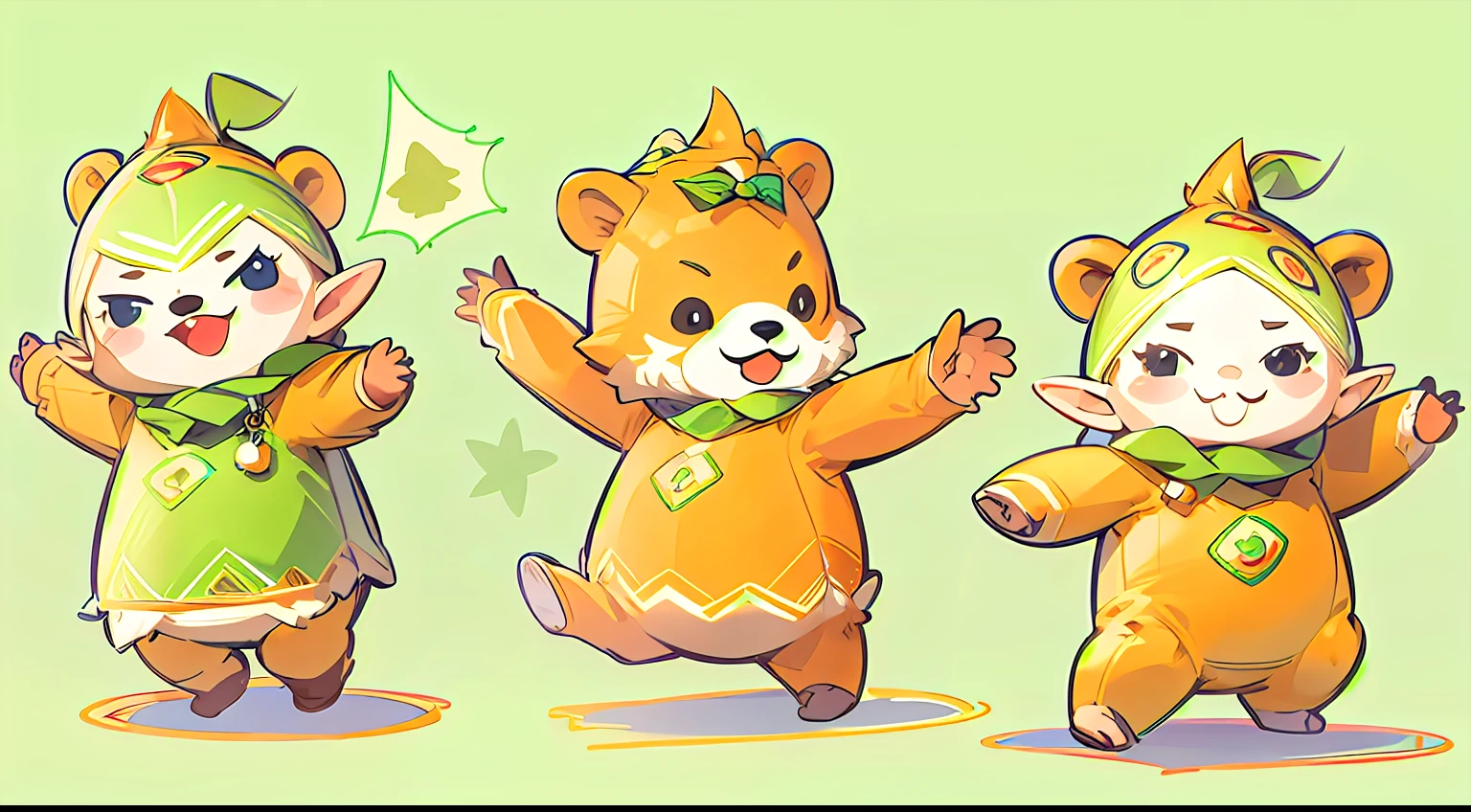 Cute elf characters drawn in realistic hand-drawn style、I work at a concept café、Today I generated a bright illustration of dancing in a bear costume。