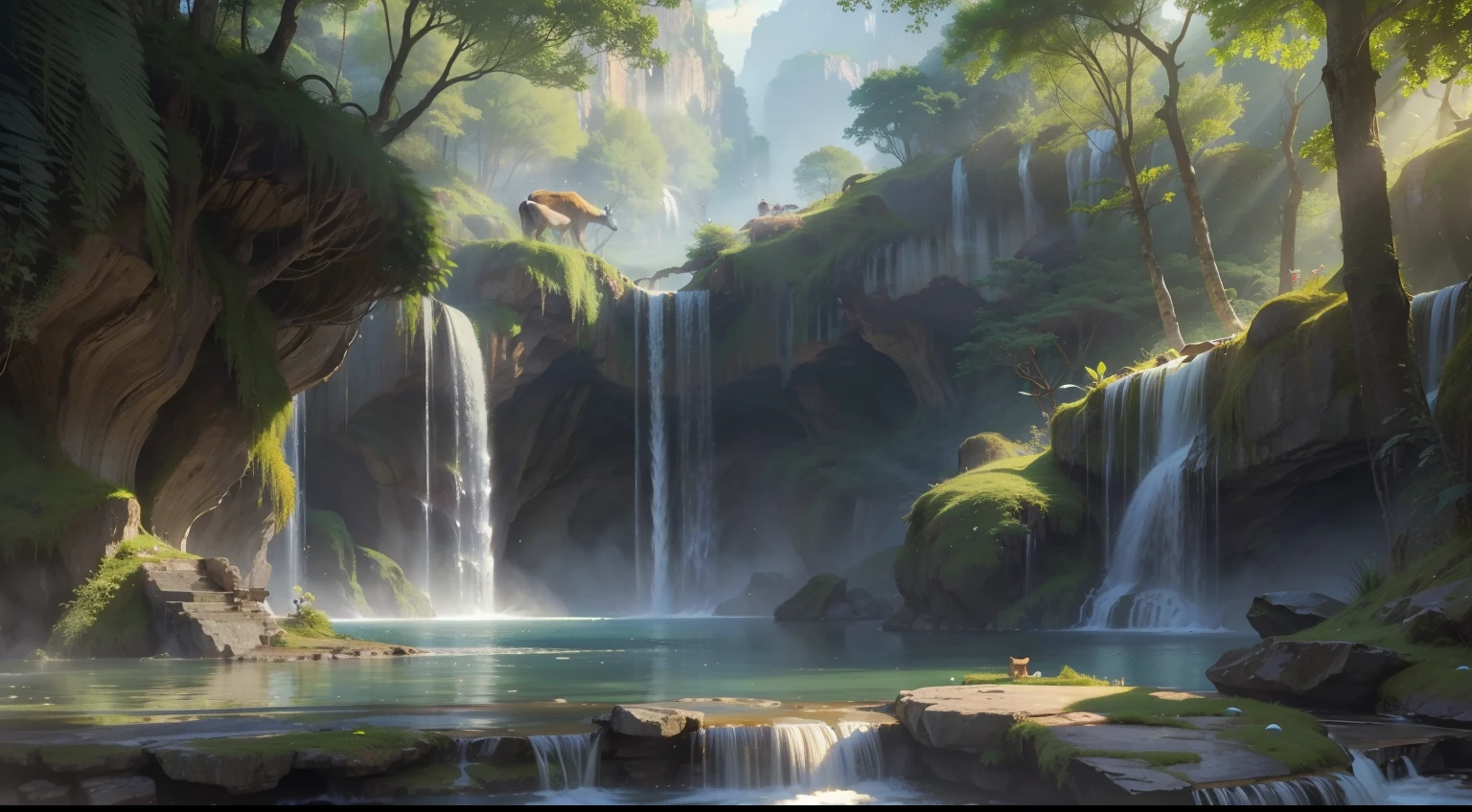 Chinese ancient times, spring, jungle, lake, cave, waterfall, tree, meadow, rock, deer, hot spring, water vapor, (illustration: 1.0), epic composition, realistic lighting, HD details, masterpiece, best quality, (very detailed CG unified 8k wallpaper)