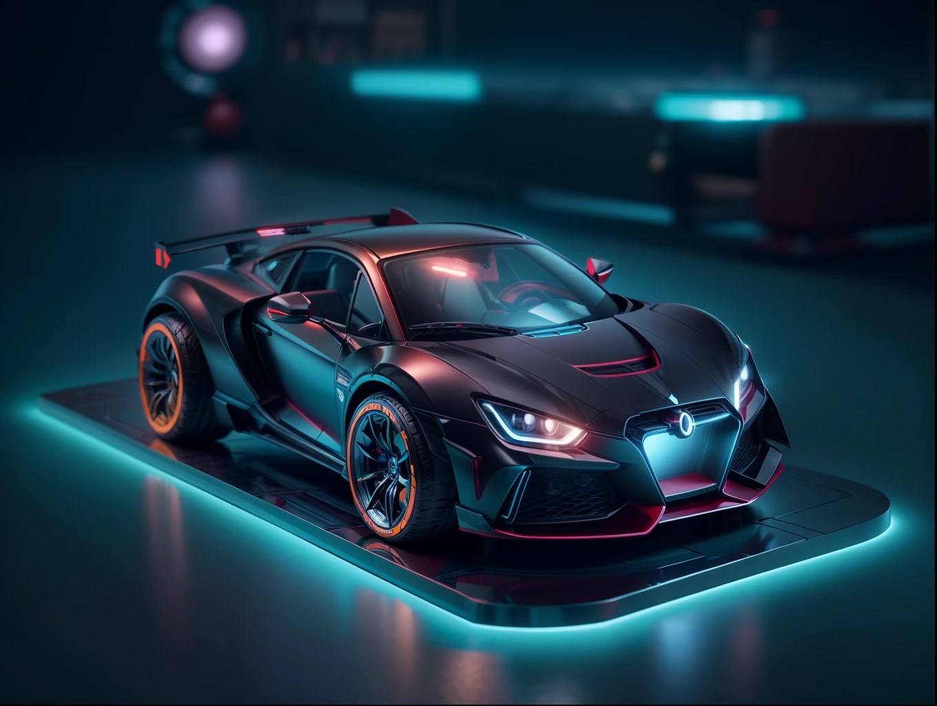 "(Blind box toy style:1.2),Metal toy sports car：1.2，cyber punk perssonage,dreamy glow,Clean,background inside dark,Matte style,circular base,(Global illumination,Ray traching,hdr,unreal render,reasonable design,high detal,Masterpiece,Best quality,hyper HD,Cinematic lighting)"