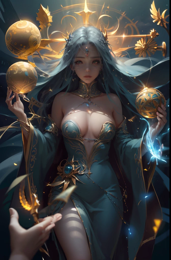 high details, best quality, 8k, [ultra detailed], masterpiece, best quality, (extremely detailed), full body, ultra wide shot, photorealistic, fantasy art, dnd art, rpg art, realistic art, an ultra wide picture of a female human (1.5 intricate details, Masterpiece, best quality) godess of light ((blue radiant aura)), controlling a swirling blue radiant magic (1.5 intricate details, Masterpiece, best quality), manipulating purple radiant magical symbols, divine symbols (1.5 intricate details, Masterpiece, best quality), human female, blond  hair, long hair with aura, hair with blue radiant eyes, intense eyes, ((radiant eyes)), (( blue glowing eyes)), dynamic clothing, fantasy sky, clouds, celestial  background, ((divine worship atmosphere)), high details, best quality, highres, ultra wide angle