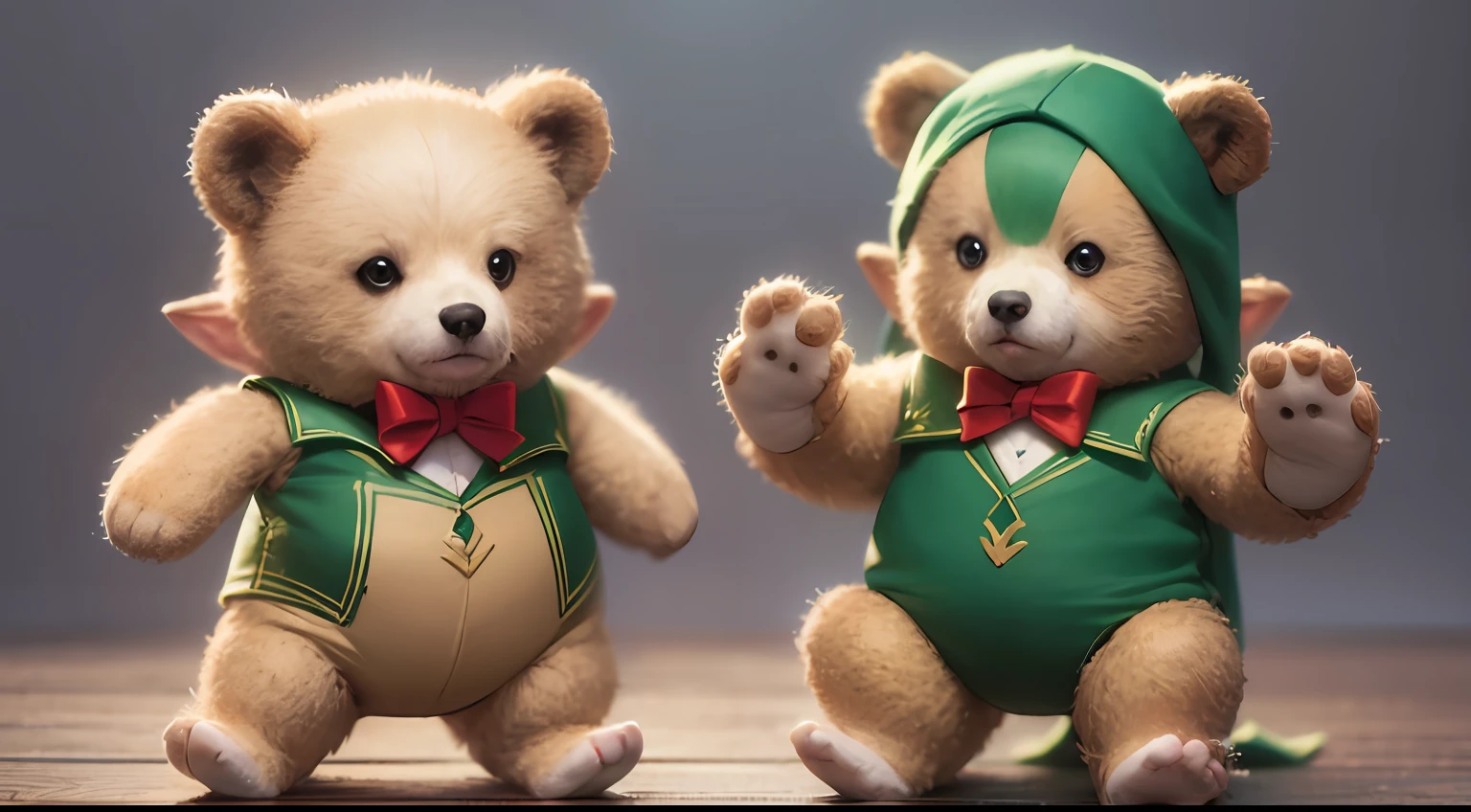 Cute elf characters drawn in realistic hand-drawn style、I work at a concept café、Today I generated a bright illustration of dancing in a bear costume。