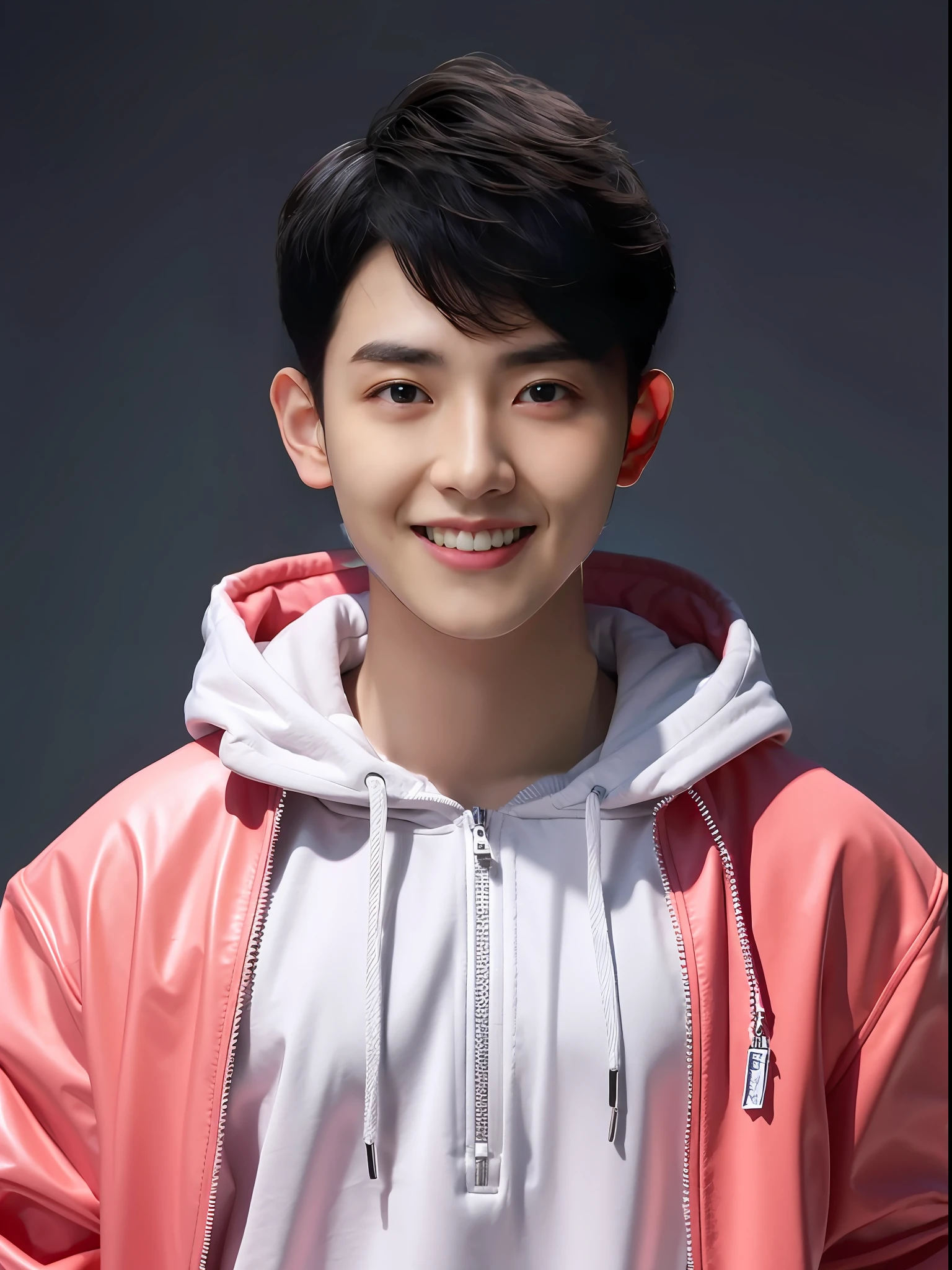 A Chinese male high school student,Wear a PVC casual sweatshirt,There are zippers,hair pink