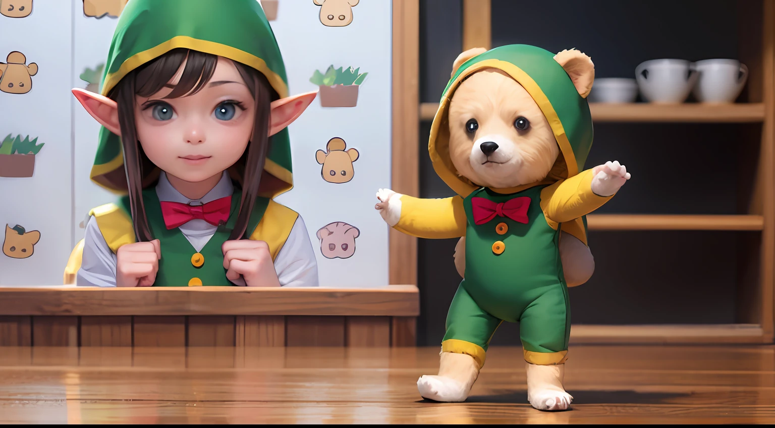 Cute elf characters drawn in realistic hand-drawn style、I work at a concept café、Today I generated a bright illustration of dancing in a bear costume。