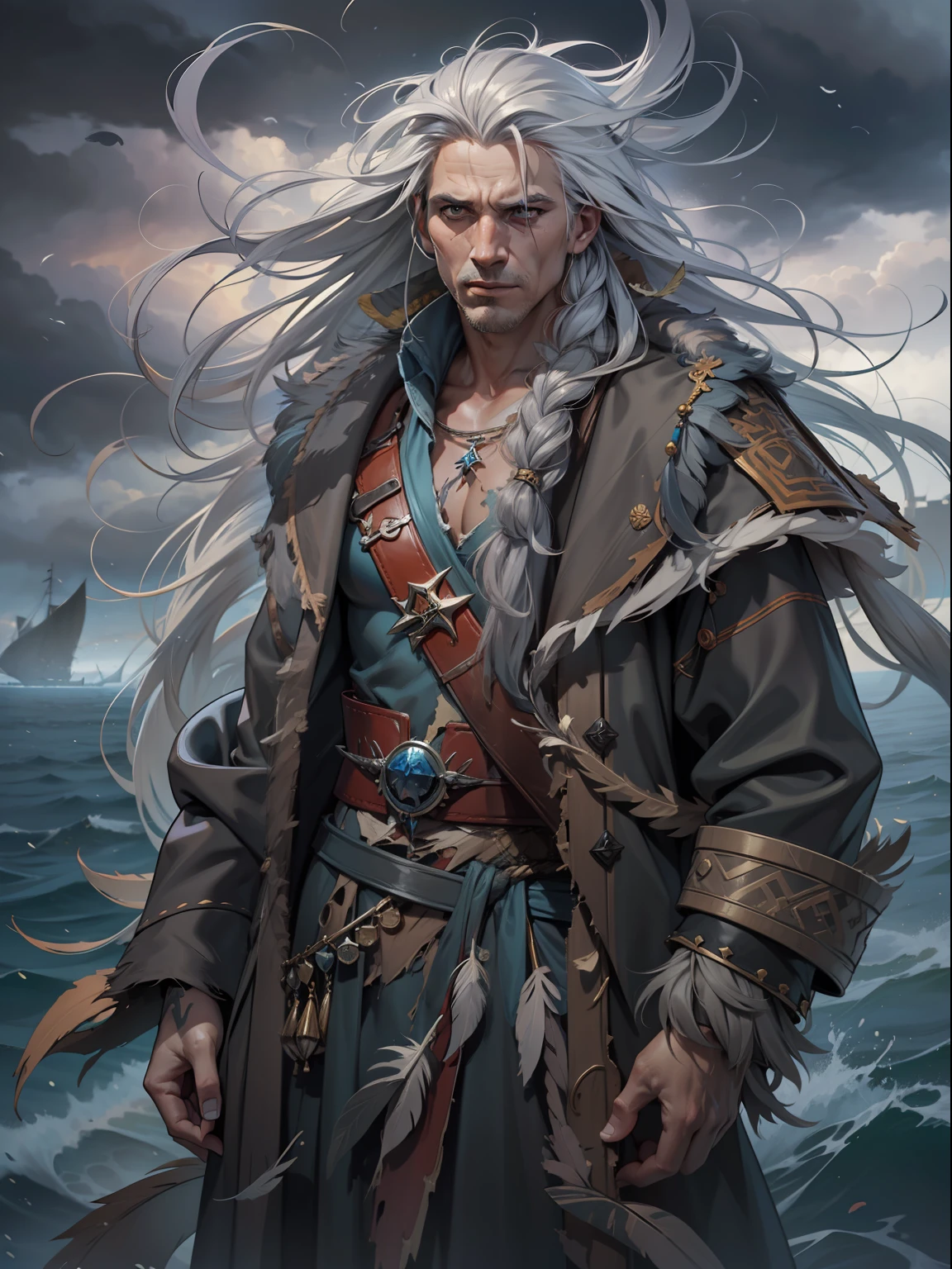 "Create a breathtaking fullbody masterpiece featuring a captivating sea shaman character with long messy grey hair, wearing a ripped and torn long leather coat and a small feathers in his head, background storm on board the ship."