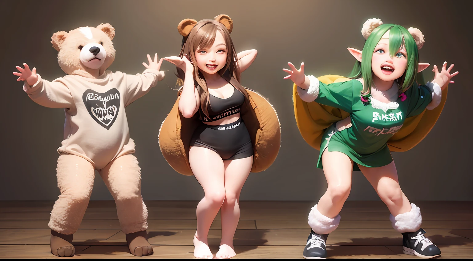 Cute elf characters drawn in realistic hand-drawn style、I work at a concept café、Today I generated a bright illustration of dancing in a bear costume。