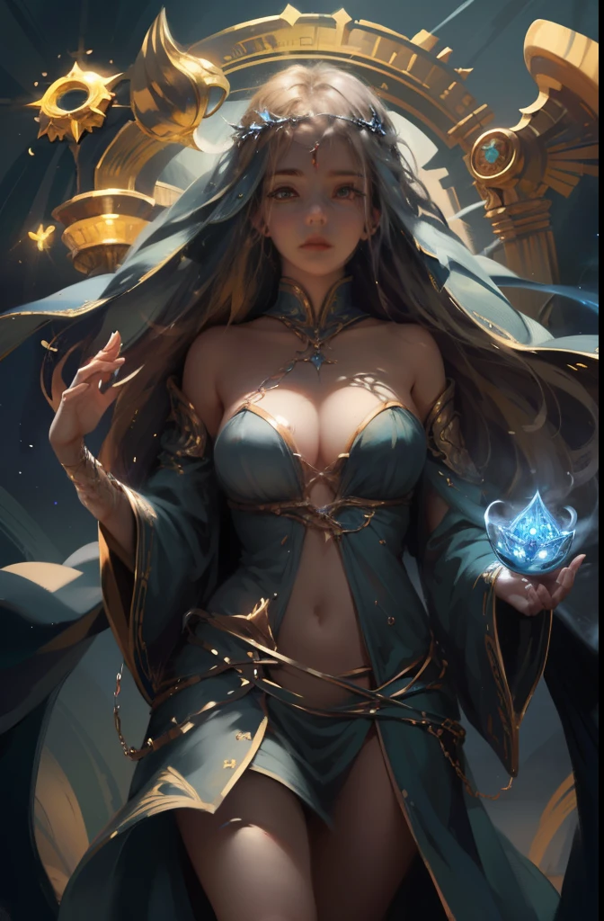 high details, best quality, 8k, [ultra detailed], masterpiece, best quality, (extremely detailed), full body, ultra wide shot, photorealistic, fantasy art, dnd art, rpg art, realistic art, an ultra wide picture of a female human (1.5 intricate details, Masterpiece, best quality) godess of light ((blue radiant aura)), controlling a swirling blue radiant magic (1.5 intricate details, Masterpiece, best quality), manipulating purple radiant magical symbols, divine symbols (1.5 intricate details, Masterpiece, best quality), human female, blond  hair, long hair with aura, hair with blue radiant eyes, intense eyes, ((radiant eyes)), (( blue glowing eyes)), dynamic clothing, fantasy sky, clouds, celestial  background, ((divine worship atmosphere)), high details, best quality, highres, ultra wide angle