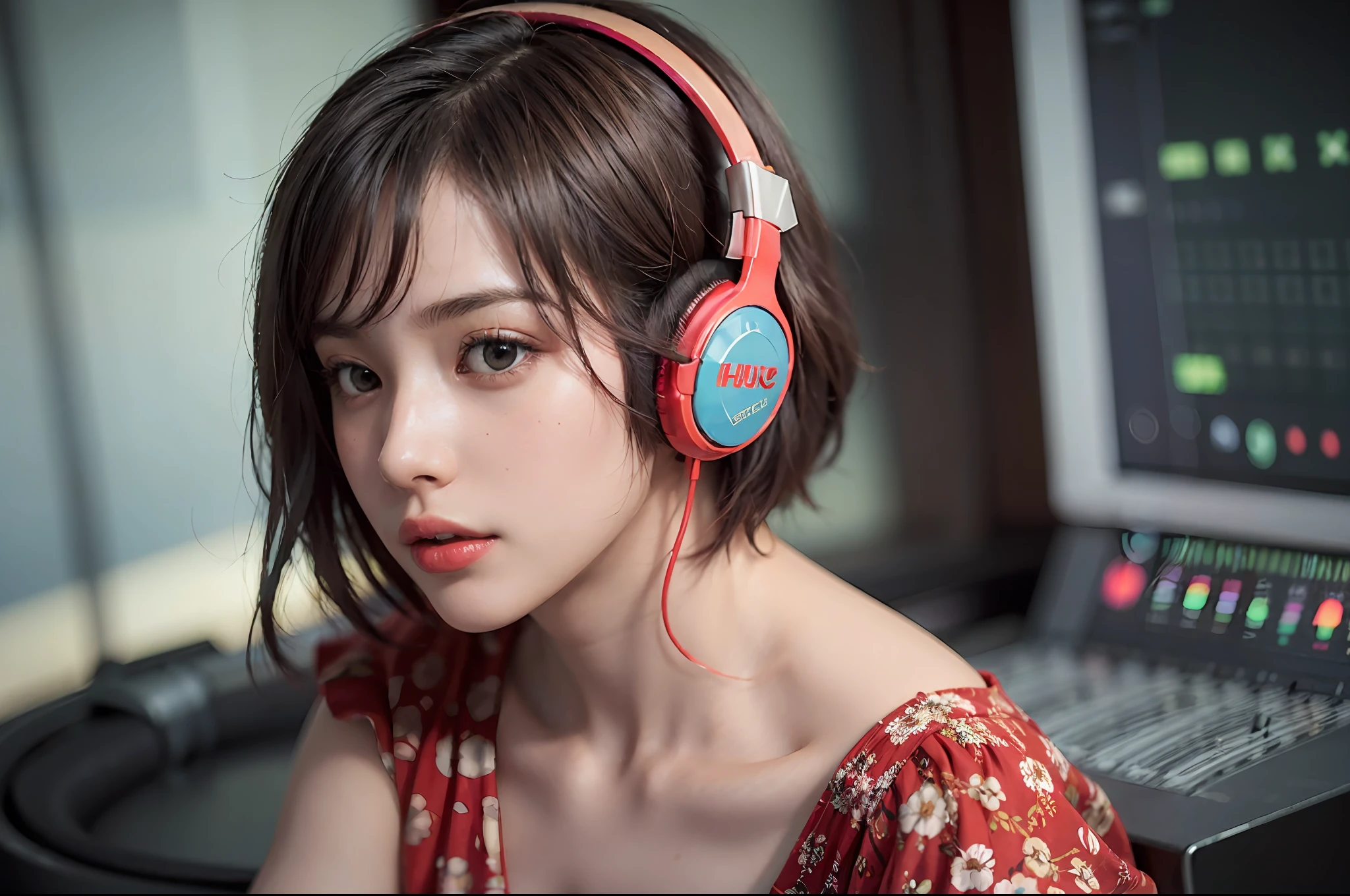 Best Quality, masutepiece, (Photorealistic:2), Ultra High Resolution, Highly detailed, A hyper-realistic, 1girl in, ((Red headphones)), (Longer dress), Floral pattern, colourfull_hair、(((very_Short_hair))), Short hair, Slim body, Full Shot, Looking at Viewer, ((Music Studio)), Bright atmosphere, spot light, Detailed background