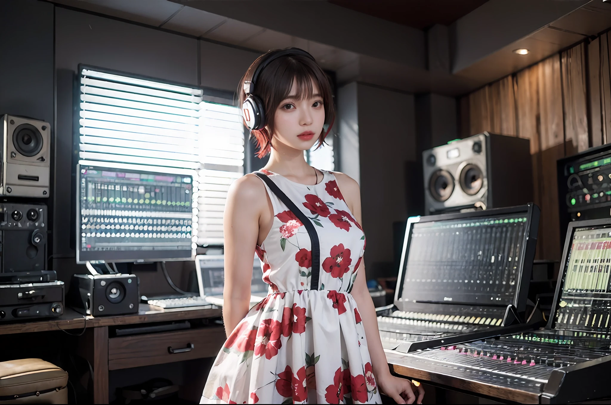 Best Quality, masutepiece, (Photorealistic:2), Ultra High Resolution, Highly detailed, A hyper-realistic, 1girl in, ((Red headphones)), (Longer dress), Floral pattern, colourfull_hair、(((very_Short_hair))), Short hair, Slim body, Full Shot, Looking at Viewer, ((Music Studio)), Bright atmosphere, spot light, Detailed background