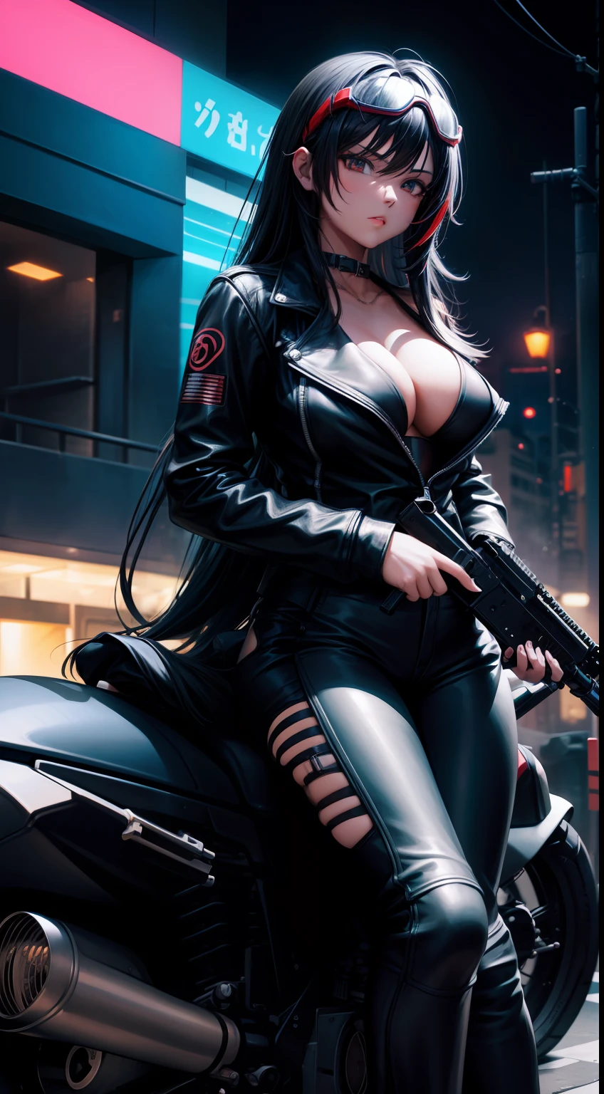 streaked hair, girl with, de pele branca, huge tit, long hair, black hair, red mesh, straight hair, floating hair, big, V-Neck, cleavage, ((holding assault rifle)), (((holding gun))), (costume in black), black Leather jacke, black Leather pants, (goggles on head), goggles, (((sit on motorbike))), (red motorbike), motorbike, troll, Cyberpunk, near future, Neon color, neon light, neon green, neon blue, natta, midnight, deep in the night, street, In the street, dynamic angle, looking at viewer, Surrealism, Conceptual art, Futurism, pov, best quality, high quality, highres, UHD, super detail, ccurate, anatomically correct, high details, retina, masterpiece, textured skin, award winning, 1080P, HD, 4K, 8k, 16k