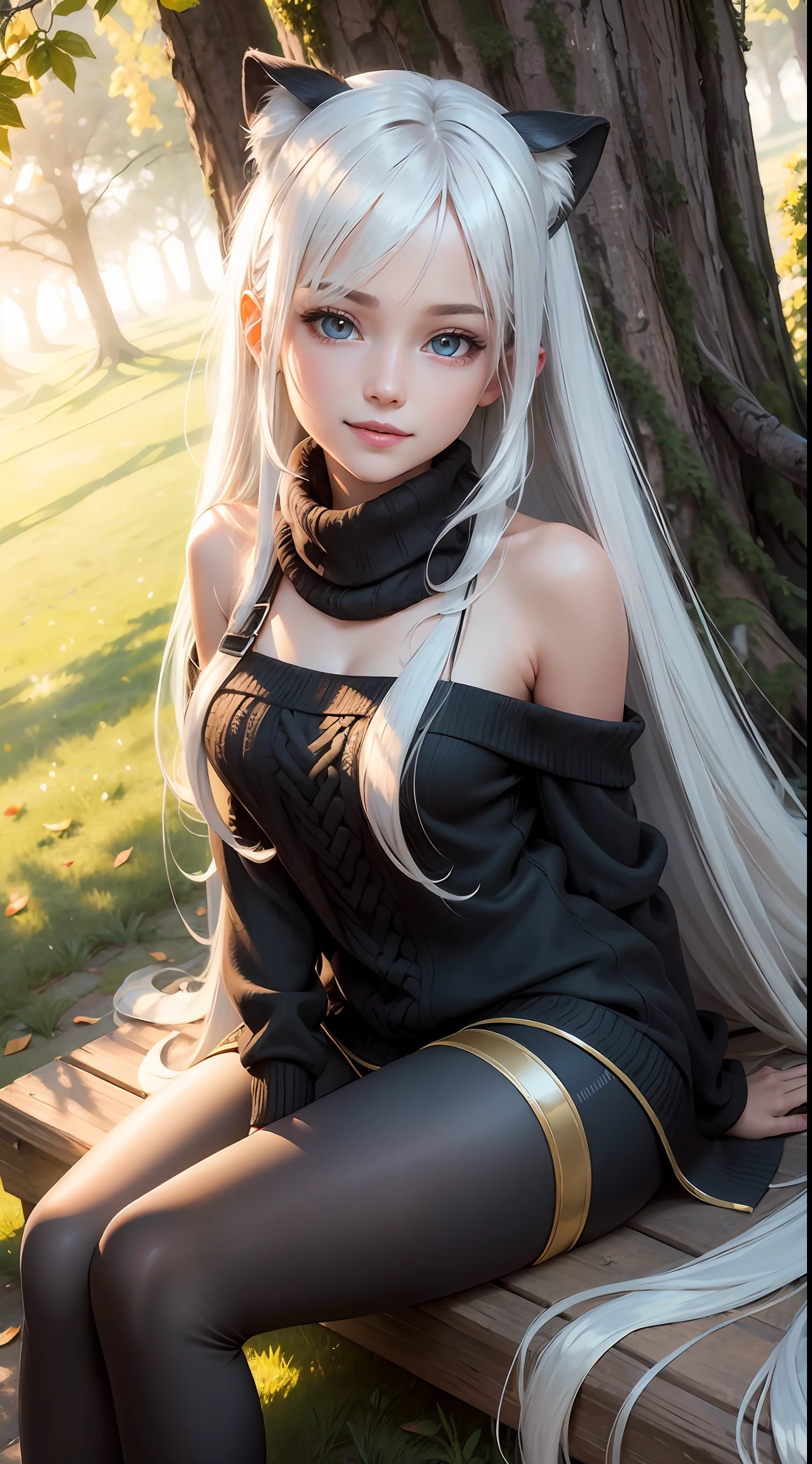 ray tracing, vibrant colors, girl, masterpiece, sharp focus, best quality, depth of field, cinematic lighting, detailed outfit, 4k, perfect eyes, rich in details and textures, white hair, very long hair, golden eyes, hair between eyes, colored inner hair, bright smile, knitted loose, loose clothes, long sweater, black legwear, sitting on grass, under tree, sunlight, light rays, god rays, looking up, smiling, bare shoulders, leggings,