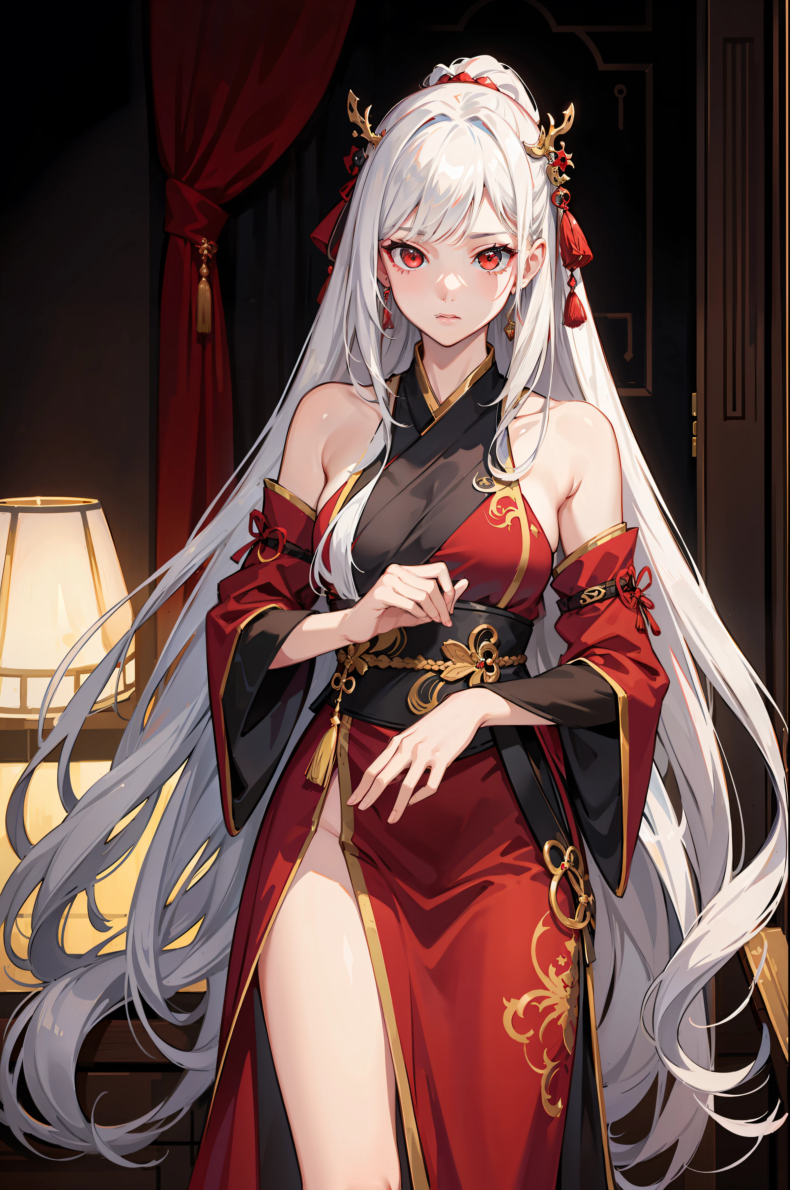 NSFW,tmasterpiece,Need,super-fine,Semi-realistic,Meticulous facial features,teens girl,whaite hair,long whitr hair,red - eyed,elaborate Hanfu