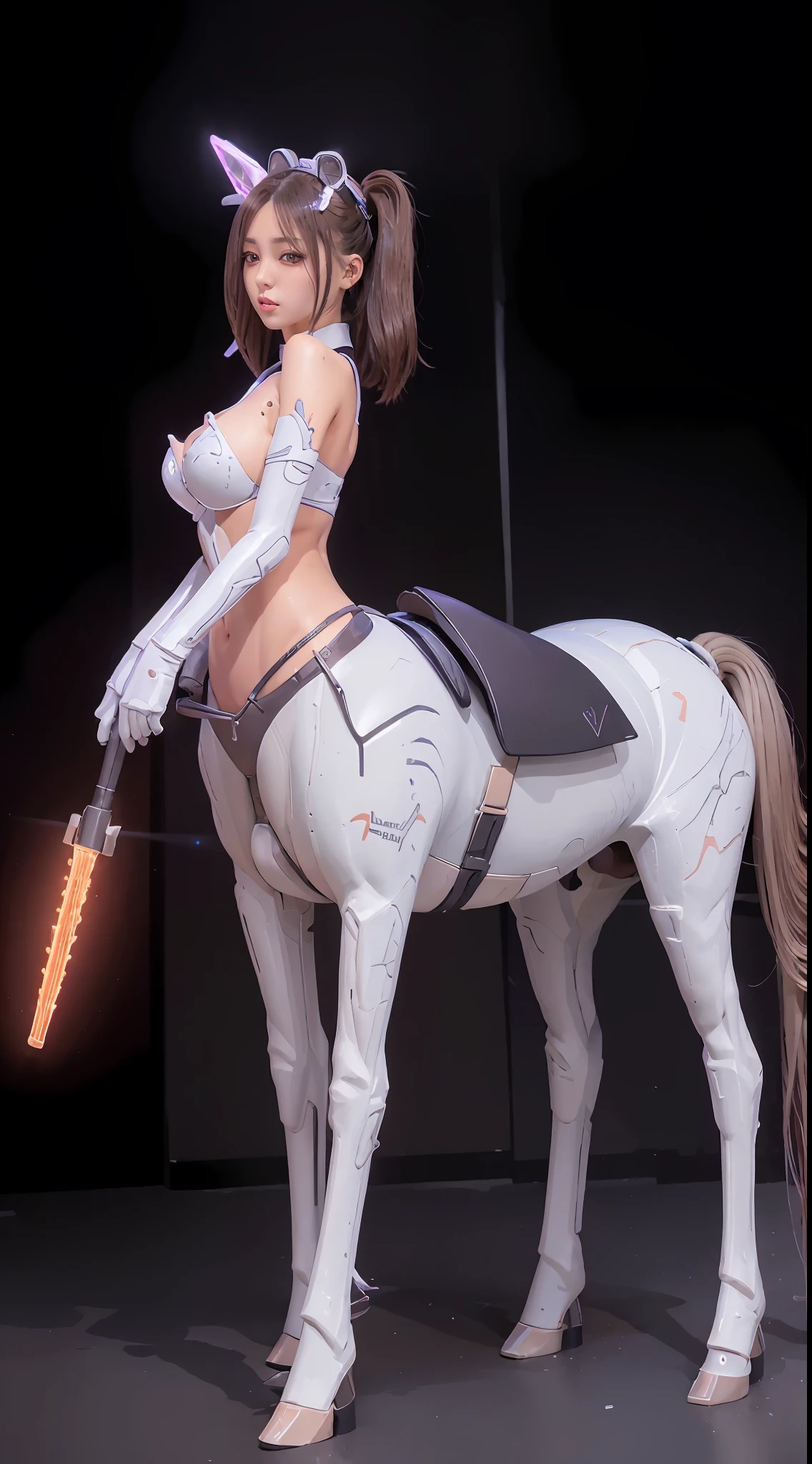 A female centaur，She is famous in the multiverse，She is both a female centaur, half human, half horse, half horse，It is also a female Yingzhao。She blends both images，The first is the head of a horse/neck/Shoulder these parts，After feminization，The upper body transforms into a beautiful female human，Female, half-centaur, half-human, half-horse, half-human，The second is the waist of the horse/hason/gluteal/Legs feminine，Female half-horse with beautiful woman's，Chimer，It's like a female human wearing a half-horse-like costume and making a seamless chimera，This chimerization is based on powerful futuristic technology。The ultra-wide-angle lens captures the image of her sleek and ethereal wings charging and leaping on the ionosphere。Her front half is distinctly feminine，Tall sexy body，Has K cup teardrop-shaped giant tit chest，It has a small man's waist butterfly spanning long legs，The half-horse part of the hind body，Embedded interface in the front half of the body hip position。The back half of her body is horse-shaped，Half-horse torso，The morphology is completely female and humanized，Start at the upper end of the sternum，Embedded in the lower back position of the beauty body，Sexy bent dog style shaped chest/lower back/Ventral transverse，Then there are the sexy beauty's upright hips，Her entire body has been completely feminized，Including the half-horse part，Mechanized armor covers the knee-shaped anti-joints and feet，And these parts are highly anthropomorphic，This gives her legs a graceful and slender line，She has four slender legs like a supermodel，Under the legs are skinny white feet dressed in Skyscraper Heels，Use Midjourney's advanced stroke tools and color palettes, as well as texture packs, model packs, and texture tools，Concentration，Femaleize all parts of her original equine physiologic appearance，And give these parts an ergonomic appearance，Fine treatment of the thoracic and abdominal cavity of the posterior body，As well as hips and legs，Tightly connected details