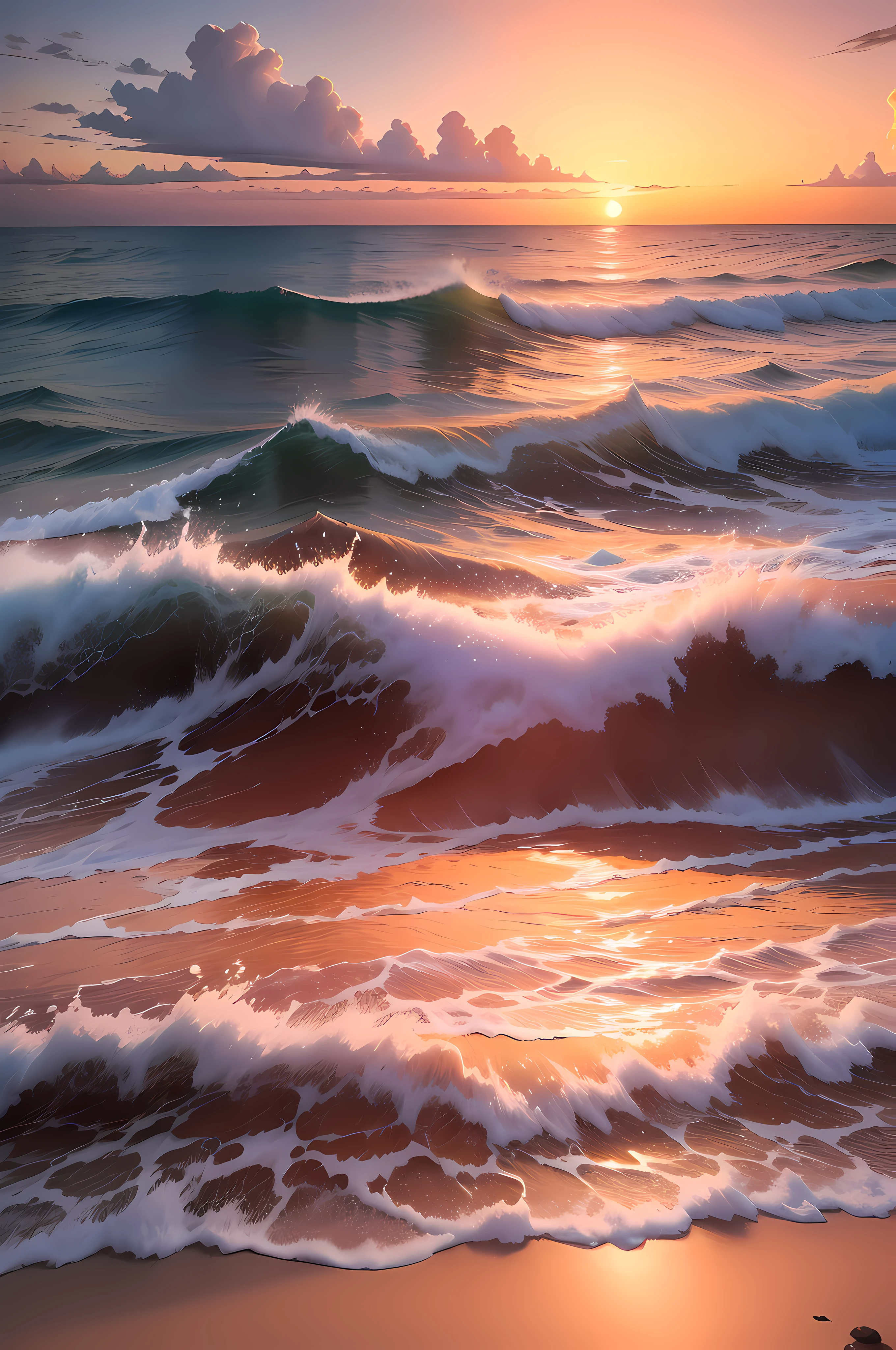 An absolutely mesmerizing sunset on the beach, with a mix of orange, pink, and yellow in the sky. The water is crystal clear, gently kisses the coast, and the white sand is endless. The scene is dynamic and breathtaking, with seagulls soaring high in the sky and palm trees swaying softly. Immerse yourself in the calm atmosphere and let the serenity surround you.