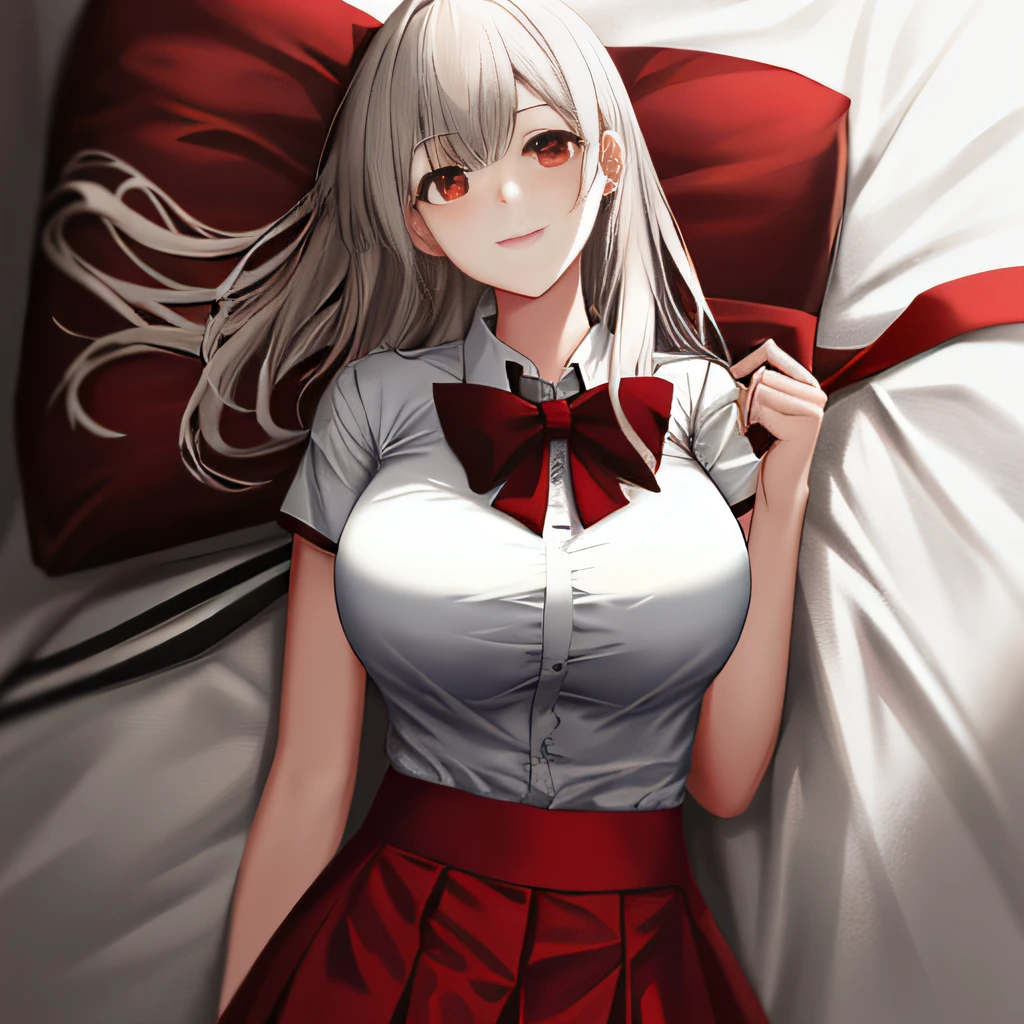 high-definition picture quality，Outstanding quality，1个Giant Breast Girl，White shirt on the upper body，The bottom is a red miniskirt，ssmile