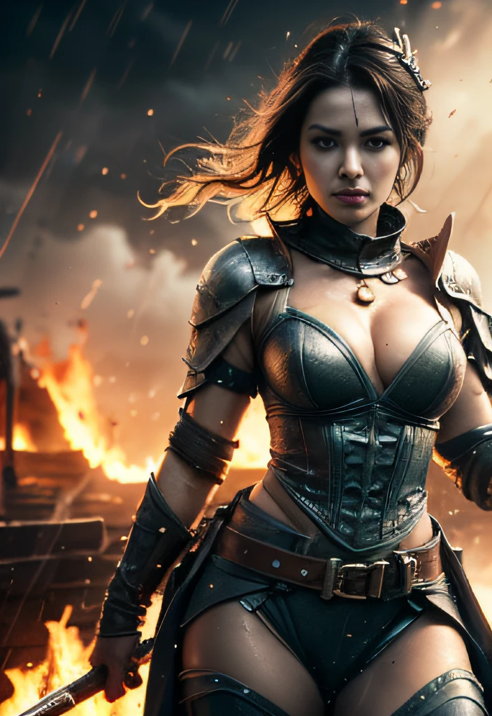 realistic, detailed, realistic details, intricate detail, cgi, masterpiece, best illustration, break, 1girl, slender, tanned skin, black hair, small breast, cleavage, ((wet, sweating)), short hair, black hair, petite, female swordsman, urban samurai, breast plate, ((intricate pattern)), ((torn clothes)), blood, injury, princess, tiara, detailed skin complexion, seductive face, ((riding a horse)), looking at viewer, break, (((detailed background, dark fantasy, raining, medieval battlefield, armies clashing, chaotic, fire, dark, dust, particle effect, , projectile, volumetric fog))), break, cowboy shot, perspective, rule of third, depth and dimension, depth of field, proportion, light and shadow contrast, break,