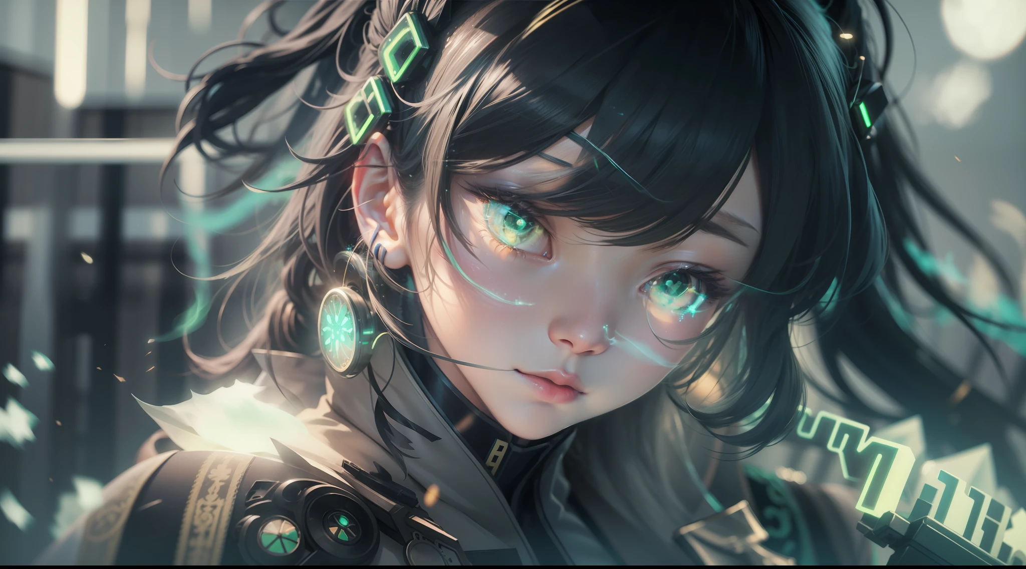 (1 girl),独奏,Phantom,Green neon,Render smoke,Particulate smoke effect,misterious,glitters,Cinematic fill light
