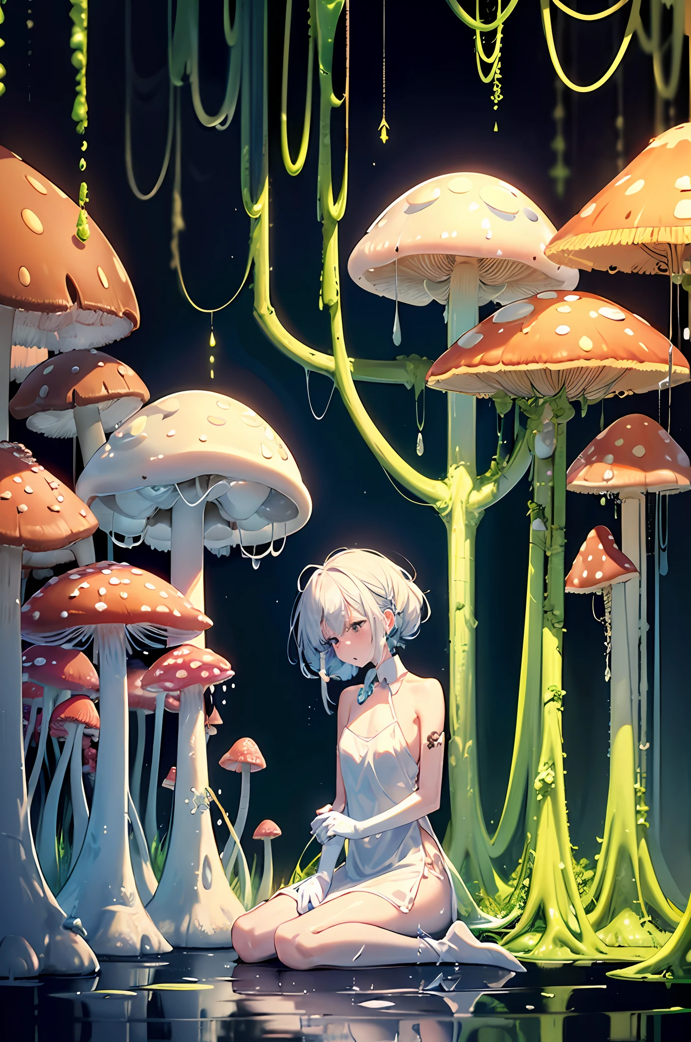 top quality, masterpiece, finely detail, very delicate 8k wallpaper, beautiful slime girl, (white camisole dress), pale skin, (Gray medium hair), (Artificial lifeforms soaked in formalin in a cylindrical tank in the background), (Expressionless), (looking away), flat chest, (sitting, wariza), collar with tag, (bare_limbs:1.4), (number tattoo on shoulder), Biotechnology, (biopunk:1.5), (lots of giant mushrooms), (Slime-like translucent limbs), Scattered research materials, Research facility, eating mushrooms,