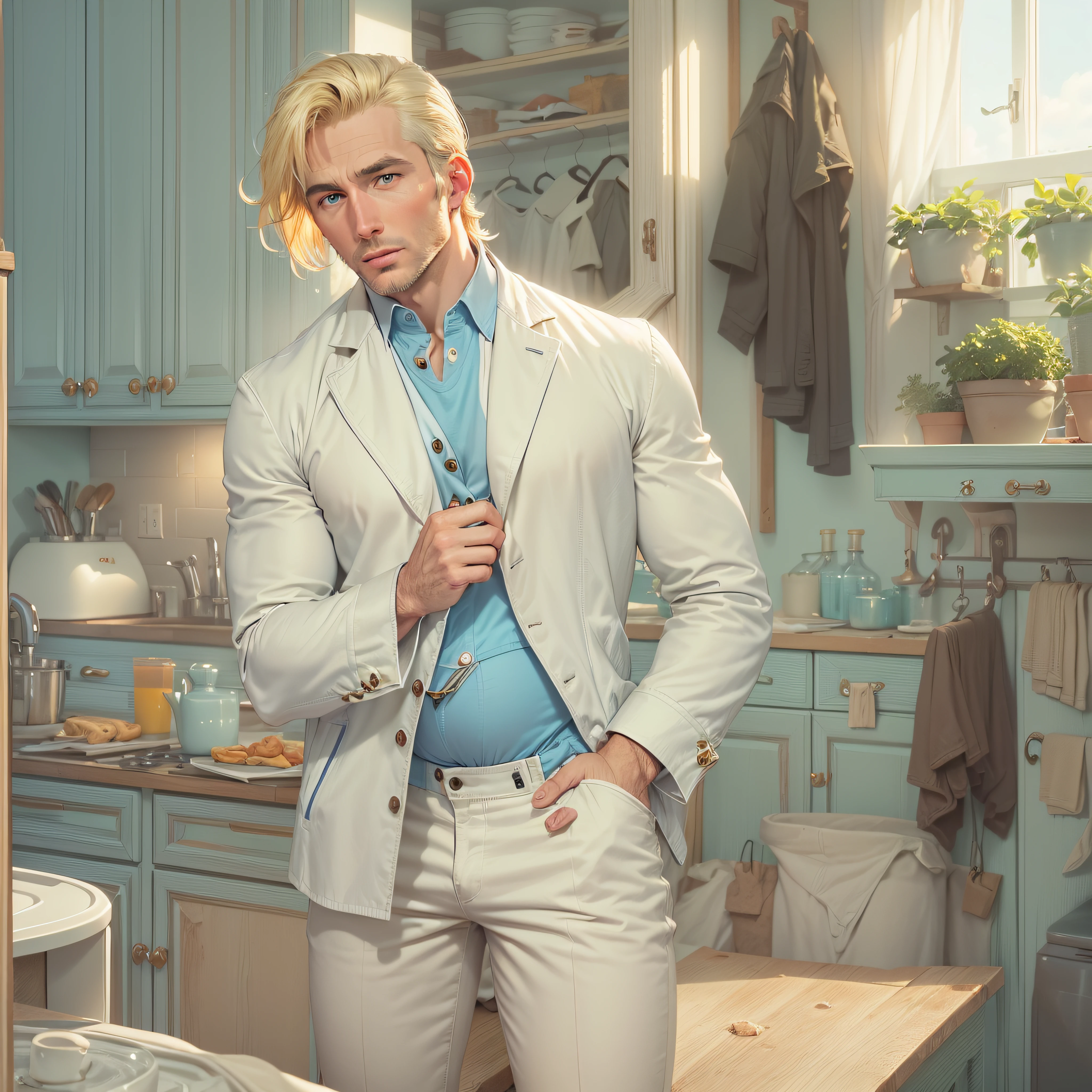 high quality, 1man, (((handsome blonde american dilf))), (((white shirt))) (((baby blue jacket))), (((blue eyes))) (((in Dreamhouse))) (((no facial hair)))