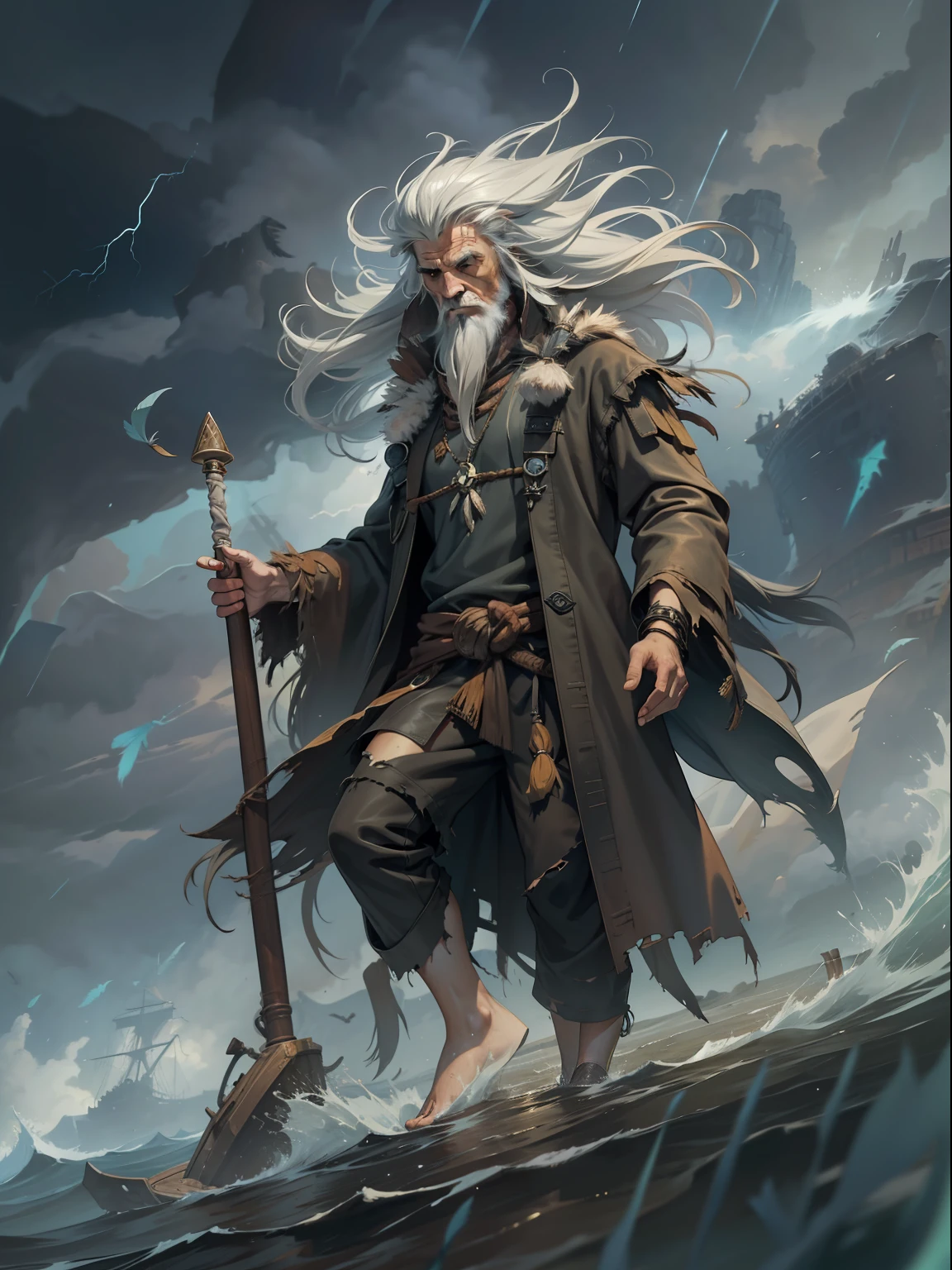 "Create a breathtaking fullbody masterpiece featuring a captivating old shaggy sea shaman character with long messy grey hair, wearing a ripped and torn long leather coat and a small feathers in his head, background storm on board the ship."