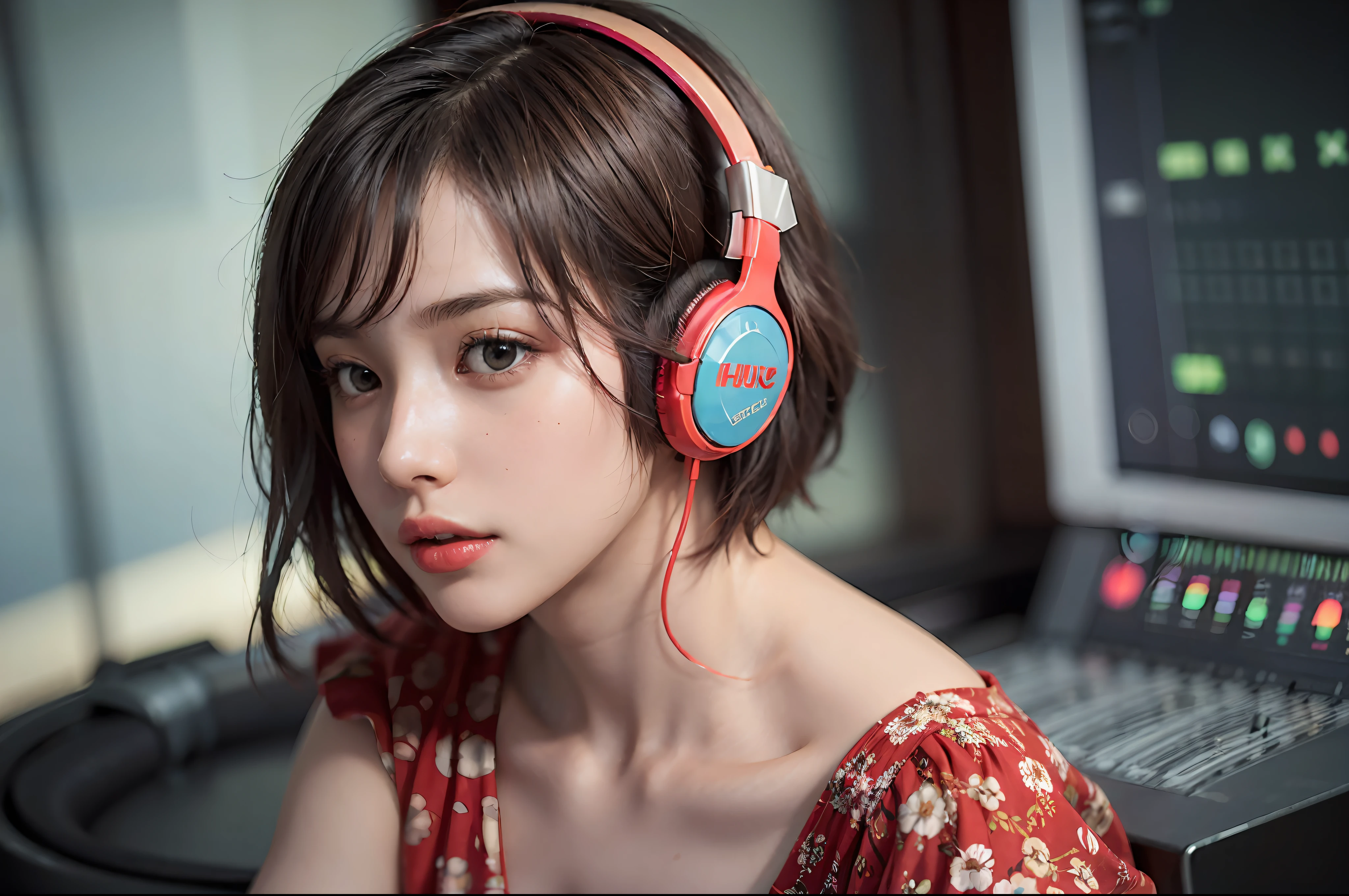 Best Quality, masutepiece, (Photorealistic:2), Ultra High Resolution, Highly detailed, A hyper-realistic, 1girl in, ((Red headphones)), (Longer dress), Floral pattern, colourfull_hair、(((very_Short_hair))), Short hair, Slim body, Full Shot, Looking at Viewer, ((Music Studio)),  Bright atmosphere, spot light, Detailed background