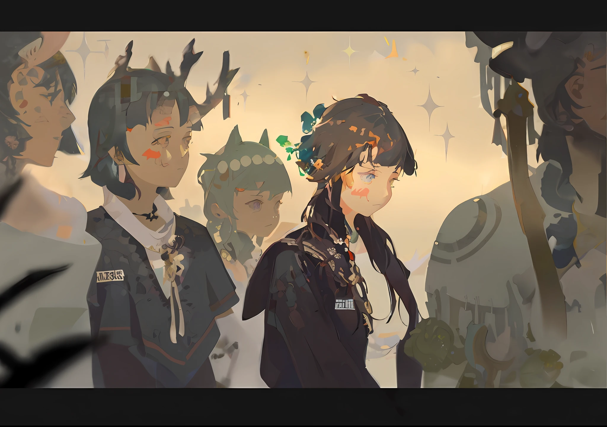 Anime characters standing in a line in tree background, Guviz-style artwork, Guviz, Guweiz on ArtStation Pixiv, Guweiz in Pixiv ArtStation, guweiz masterpiece, Loish et WLOP, A beautiful artwork illustration, illustration concept art, krenz cushart and wenjun lin