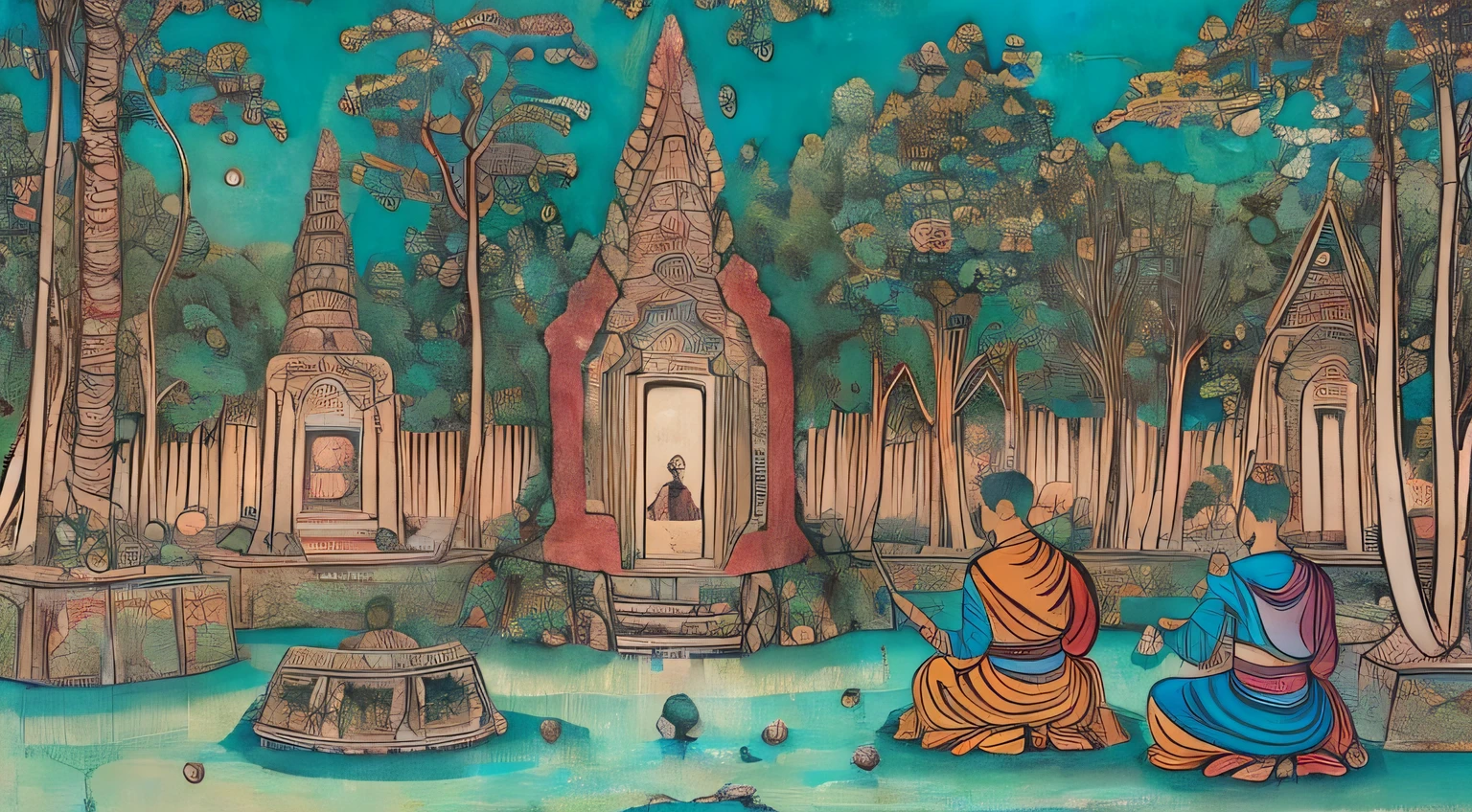Illustration of Murals of Ayutthaya ruins:1.5, The background depicts the royal palaces and temples of the Ayutthaya ruins. The ruins are surrounded by a lush forest surrounded by many ponds and streams. The figures depict the kings, royalty, monks, and commoners of the Ayutthaya dynasty. People wear traditional Thai clothes and conduct Buddhist rituals and daily lives. Use vivid and bright colors. The murals of the Ayutthaya ruins are painted in vivid and bright colors, reflecting the beautiful landscape and culture of ancient Thailand. Below are some specific images. The royal palace of Ayutthaya ruins surrounded by lush green forest. A temple in Ayutthaya ruins where kings, royalty, monks, and people perform Buddhist ceremonies. The streets of the Ayutthaya ruins where people in traditional Thai costumes lead their daily lives. Using these images as a reference, try drawing an illustration of the wall paintings of the Ayutthaya ruins, wide angle,