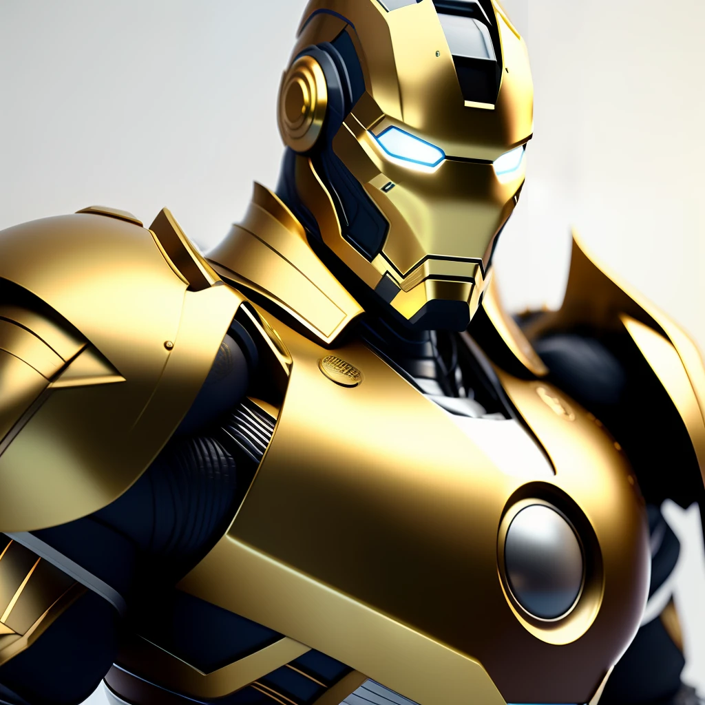 Close-up of a statue of a man in gold and white costumes, super detailed rendering, 3 d rendering character art 8 K, complex white and gold armor, full samurai armor Iron Man, high detail iconic character, 8K rendering, octane rendering, octane rendering, super detail octane rendering, super detailed octane rendering, super detailed 3 d rendering, futuristic style Iron Man