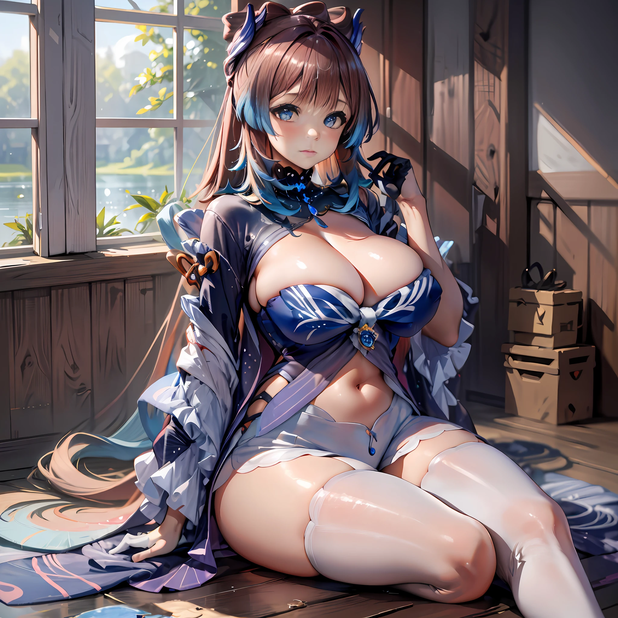 Qiqi Genshin Impact, full body, (NSTDA.:1.2), (10, best-quality, masterpiece: 1.4), ultra high resolution, (realistic, realistic: 1.48), 25 years old, Cute girl, , famous Japanese actress, huge breasts, blue eyes, head tilted, cowboy shot, from the front, looking at viewer, emotionless, beautiful lake, Zeiss 150mm F/ 2.8 Hasselblad, in court. Japanese, full body, feet, ultra wide angle