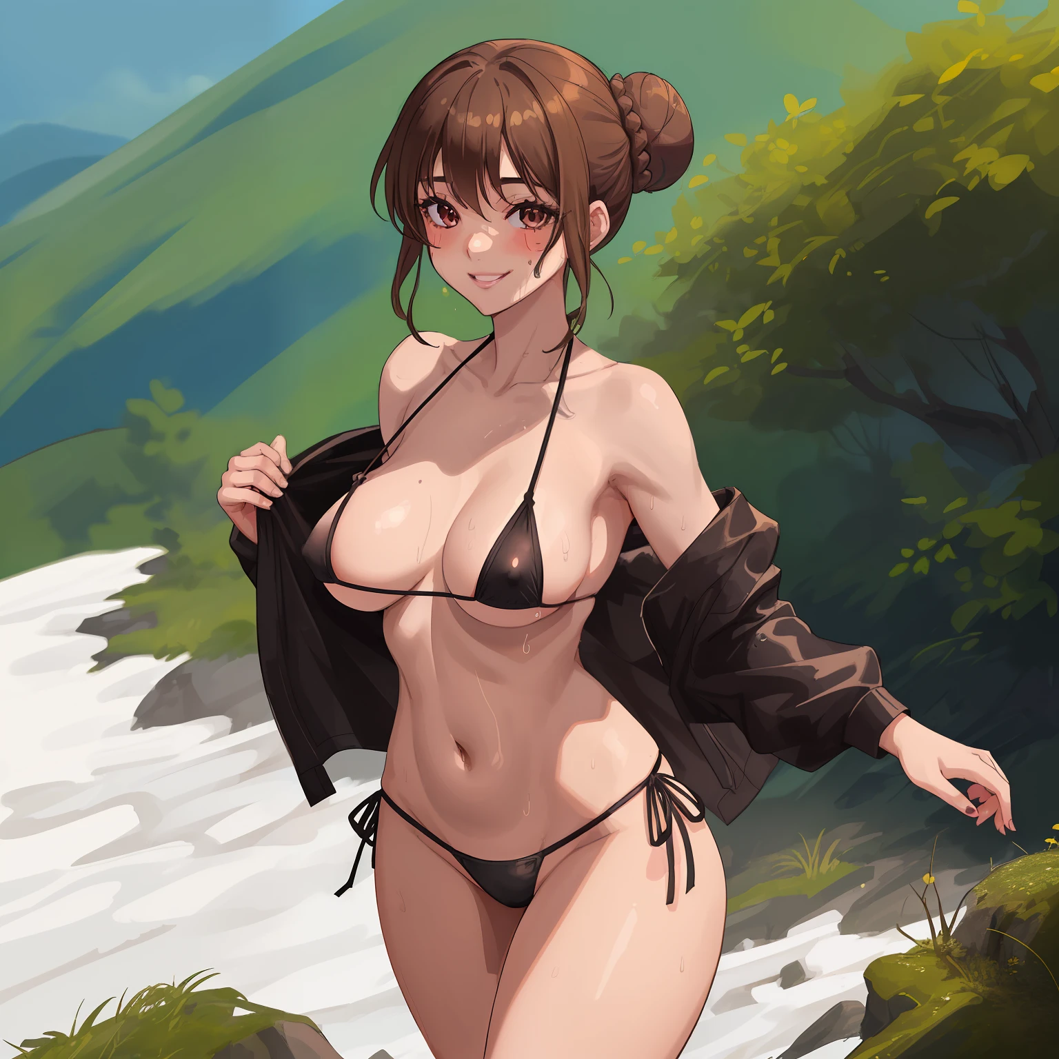 One girl in the photo, Walking up mountain, black micro bikini, micro bikini, nipple slip, slim thick, large breasts, thighs, sweating, brown hair, brown eyes, hair in a bun, extremely detailed eyes and face, smiling, beautiful girl