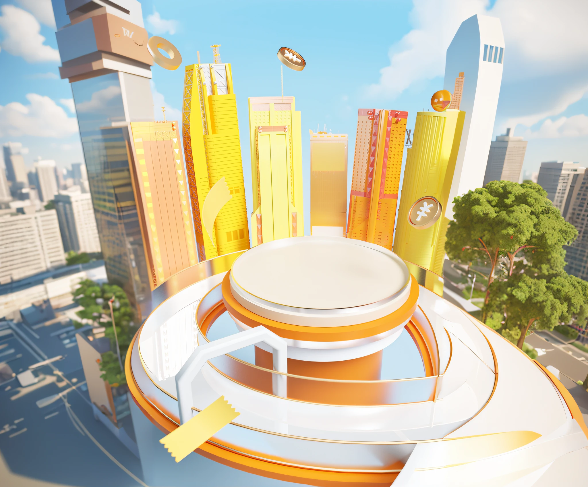Arafard image of a city with a large number of buildings and a large number of coins, cinema 4d colorful render, cinema 4d bright light render, Rendered in Cinema4D, rendered in cinema 4 d, depicted as a 3 d render, day cityscape, megacity background, 3 d rendered in octane, 3d rendered in octane