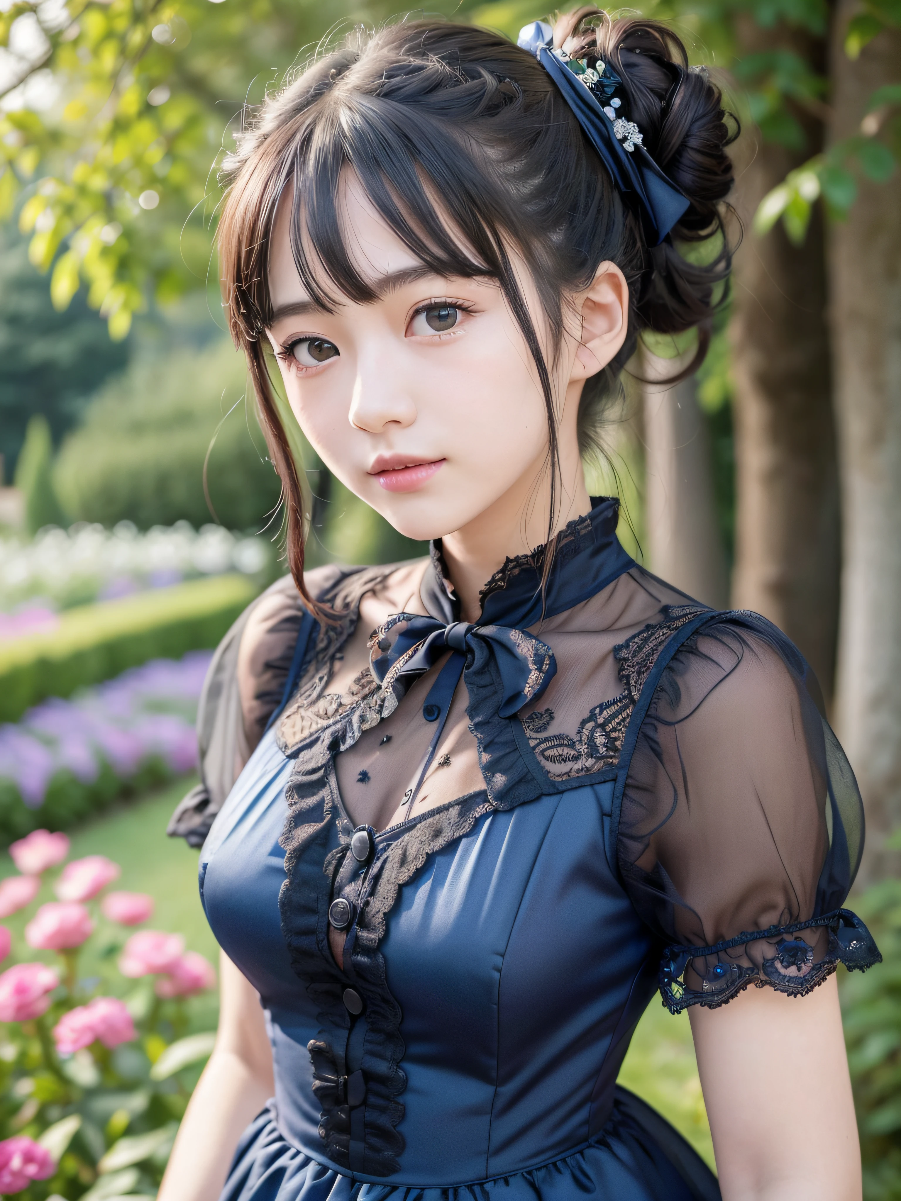 realistic, photo realistic:1.37), incredibly absurdres, (insanely detailed:1.3), 8k, (masterpiece), (best quality:1.4), (ultra high res:1.2), (raw photo:1.2), (unity 8k wallpaper), 1 nogizaka girl, utterly cute, (bishojo:1.35), (15yo:1.4), ((alice and the pirates fashion)), an exquisitely detailed and beautiful face and eyes and skin, hair accessory with blue rose, delicate detailed beautiful dress, medium breasts, short pigtails, detailed black shine hair, smile at the camera, petit trianon garden and farmhouse, view a village and lake, ultra detailed background, professional lighting