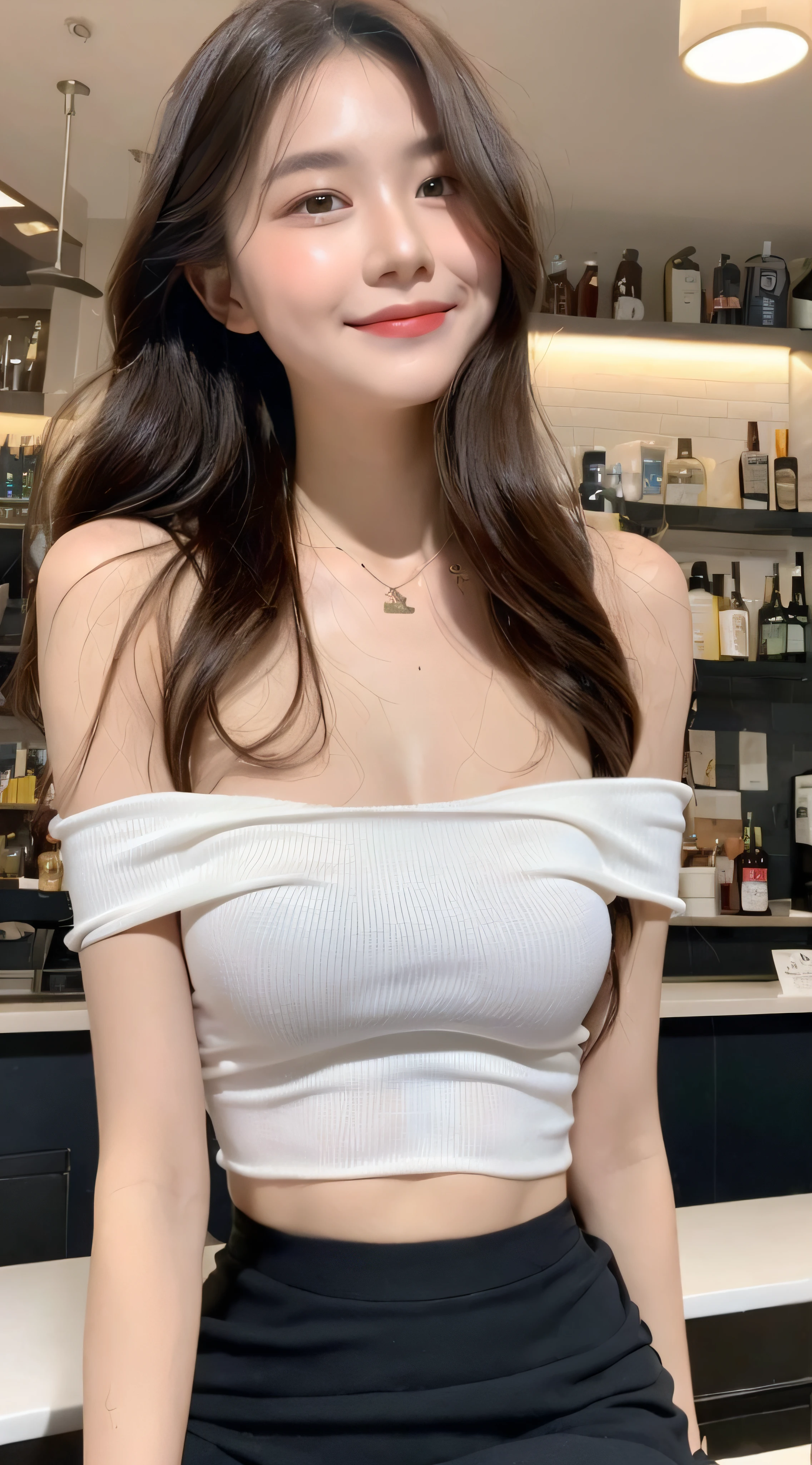 A superb exquisite real beautiful girl, golden long curly hair, extremely exquisite facial features, peerless beautiful girl, collarbone off-the-shoulder, white crop top shirt, black JK skirt, exposed legs, sweet smile, soft, dreamy quality, light white and dark brown, exaggerated facial features, solid color, frank off-white, surreal, blue gemstone necklace, ultra-clear, beautiful young girl, cute and lively, super short leggings, background at the bar counter