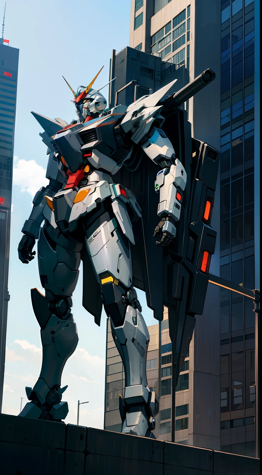 A five-meter mech。Gundam robot wearing mechanical armor，cyber punk perssonage，style of surrealism，Stand in the middle of the city