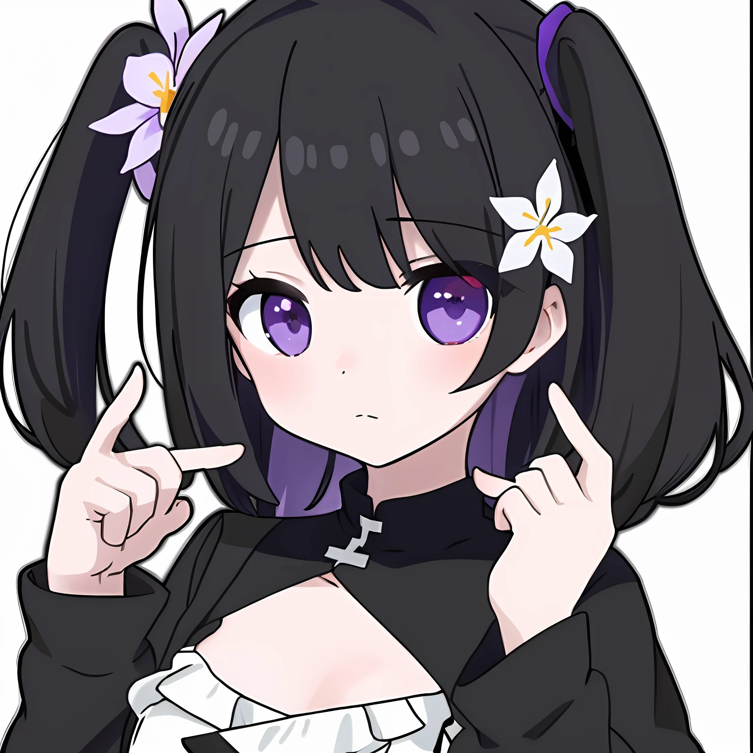 Anime girl with black hair and purple eyes with white flowers, eyes in the style of nendoroid, anime moe art style, ( ( deep black eyes ) ), Cute anime face, shikamimi, In an anime style, 8K!!, nendoroid eyes, Black anime pupil in her eye, [[[[grinning evily]]]](top-quality、8K、32K、​masterpiece、nffsw:1.2)、