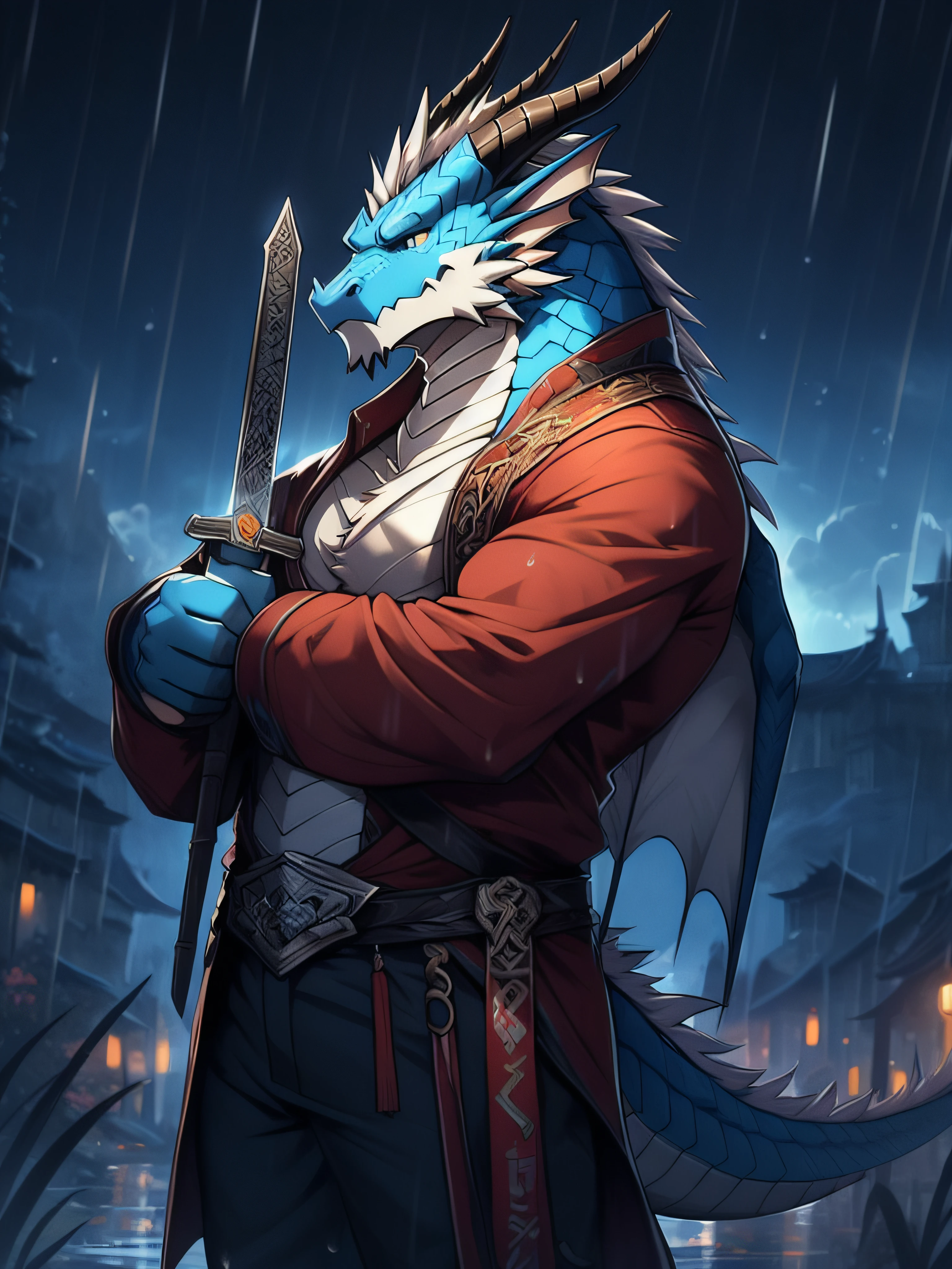 anthro dragon, Chinese dragon, eastern dragon, furry, rain, holding a dagger, white dragon, mercenary, night, battlefield, handsome, stern looking, masterpiece, hires, 8k, nj5furry