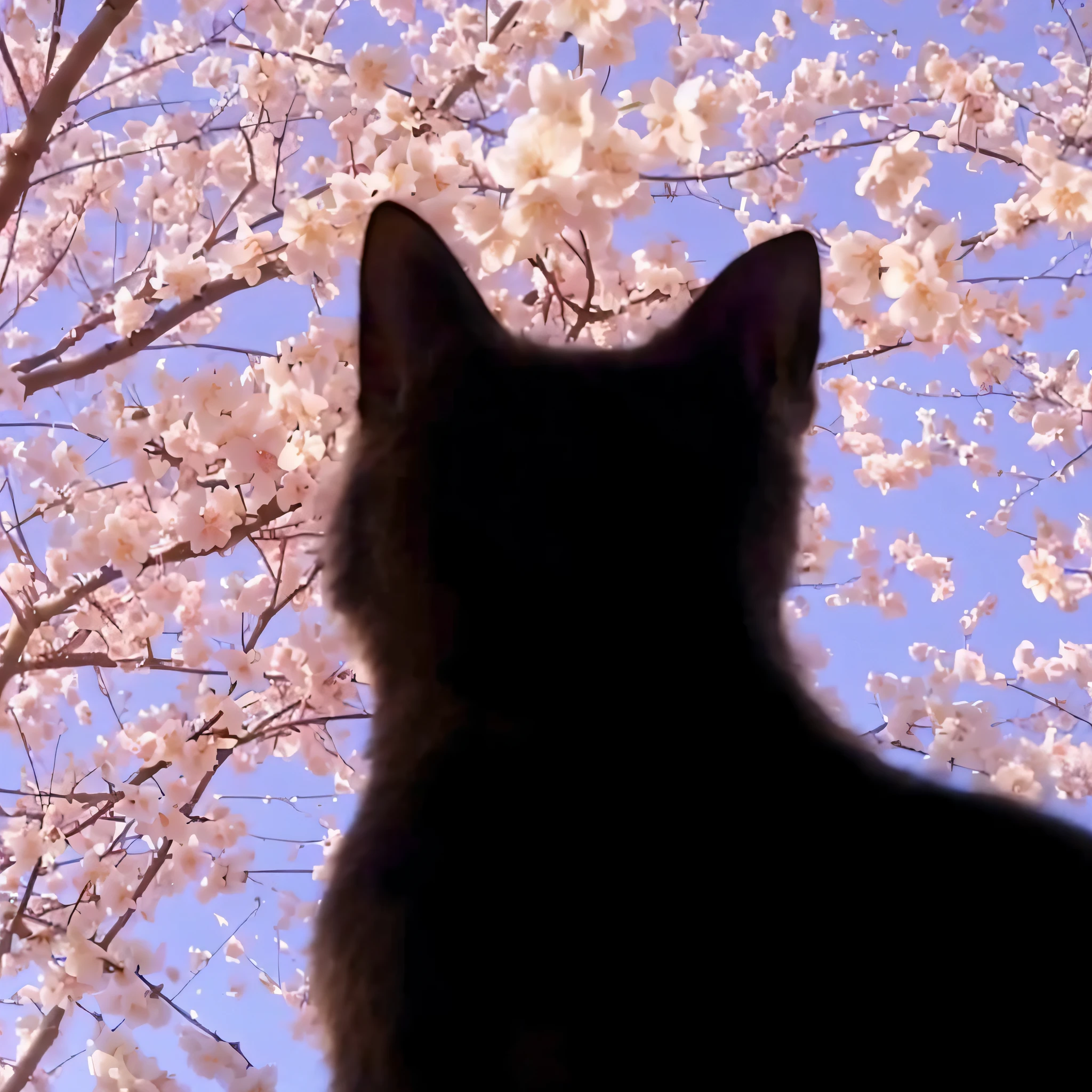 Alafi looked out the window at a tree with white flowers, cat attacking tokyo, under a sakura tree, cherry blossoms in the wind, sakura petals around her, Looking at the sky, seeing a cat, neko, sakura, cherry blossoms falling, Looking Up The Sky, Cherry blossoms, 4 0 9 6, falling cherry blossoms pedals, Samurai cat