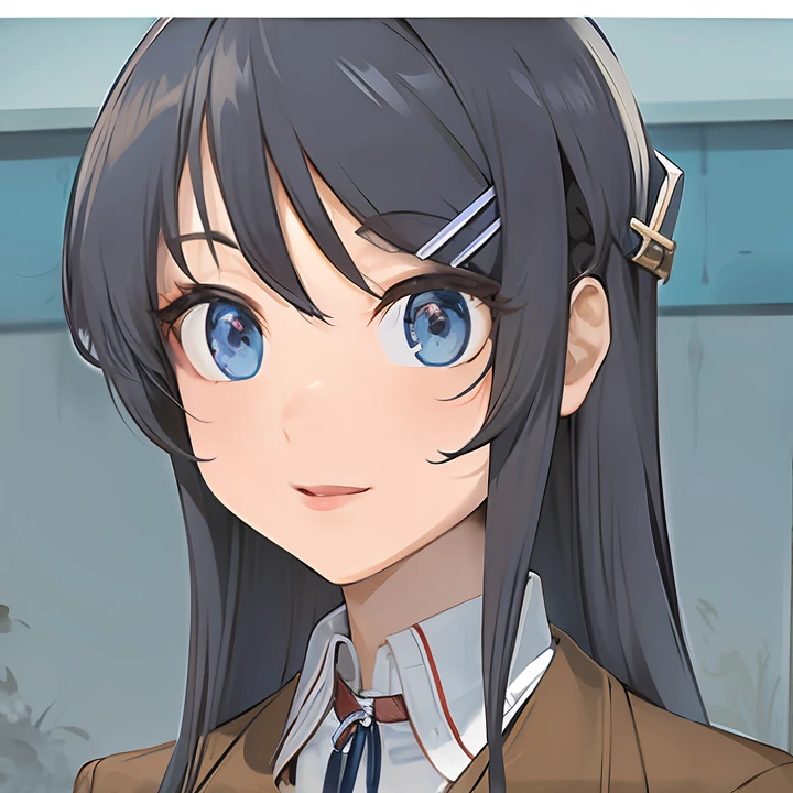 Anime girl with long black hair and blue eyes in a brown jacket