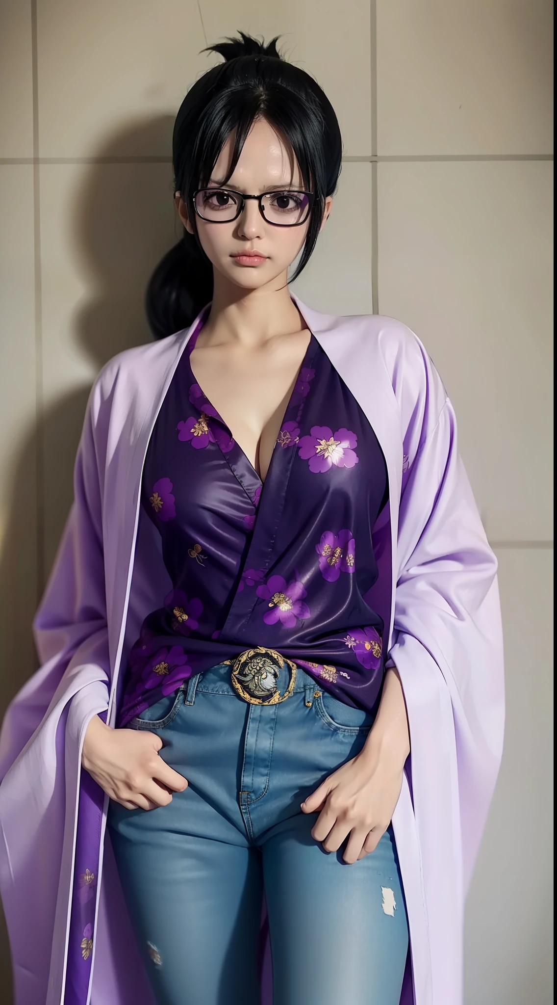 tashigi from anamie one piece, black hair, ponytail, wearing glasses, glasses, tights on the waist, wearing a purple beach shirt with a floral pattern, perfect body, beautiful, beautiful girl, wearing blue jeans, side-swept hair, army robe sea on your back, standing, katana.