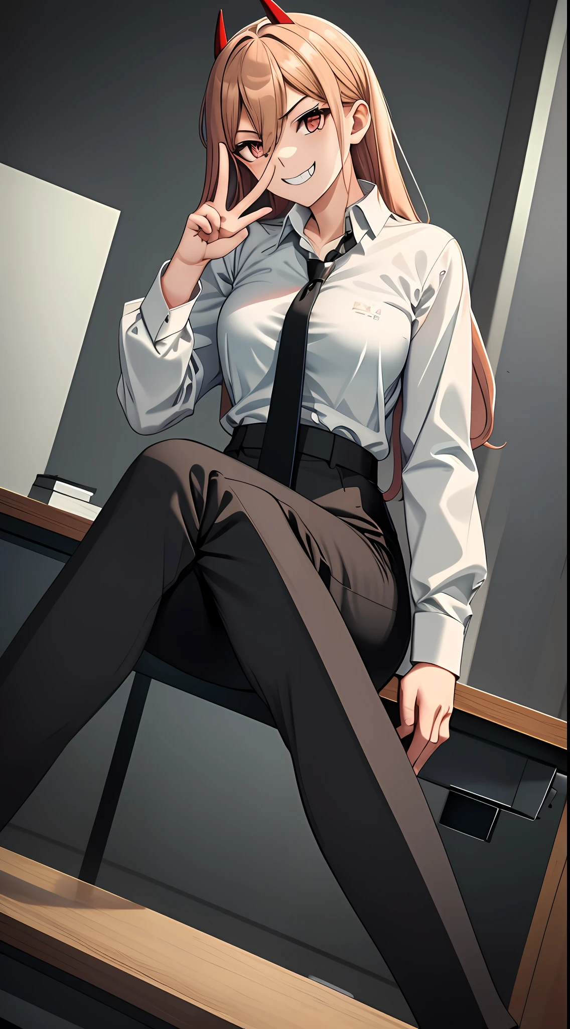 Solo, 1girll, cornea_power, (Sharp teeth:0.8), grin, sitting legs crossed, peace signs, formal, White collared shirt, black necktie, Black pants, ((Office building)), Dynamic Angle, Best quality, Perfect anatomy, A high resolution, absurderes, Extremely detailed Cg Unity 8K wallpaper