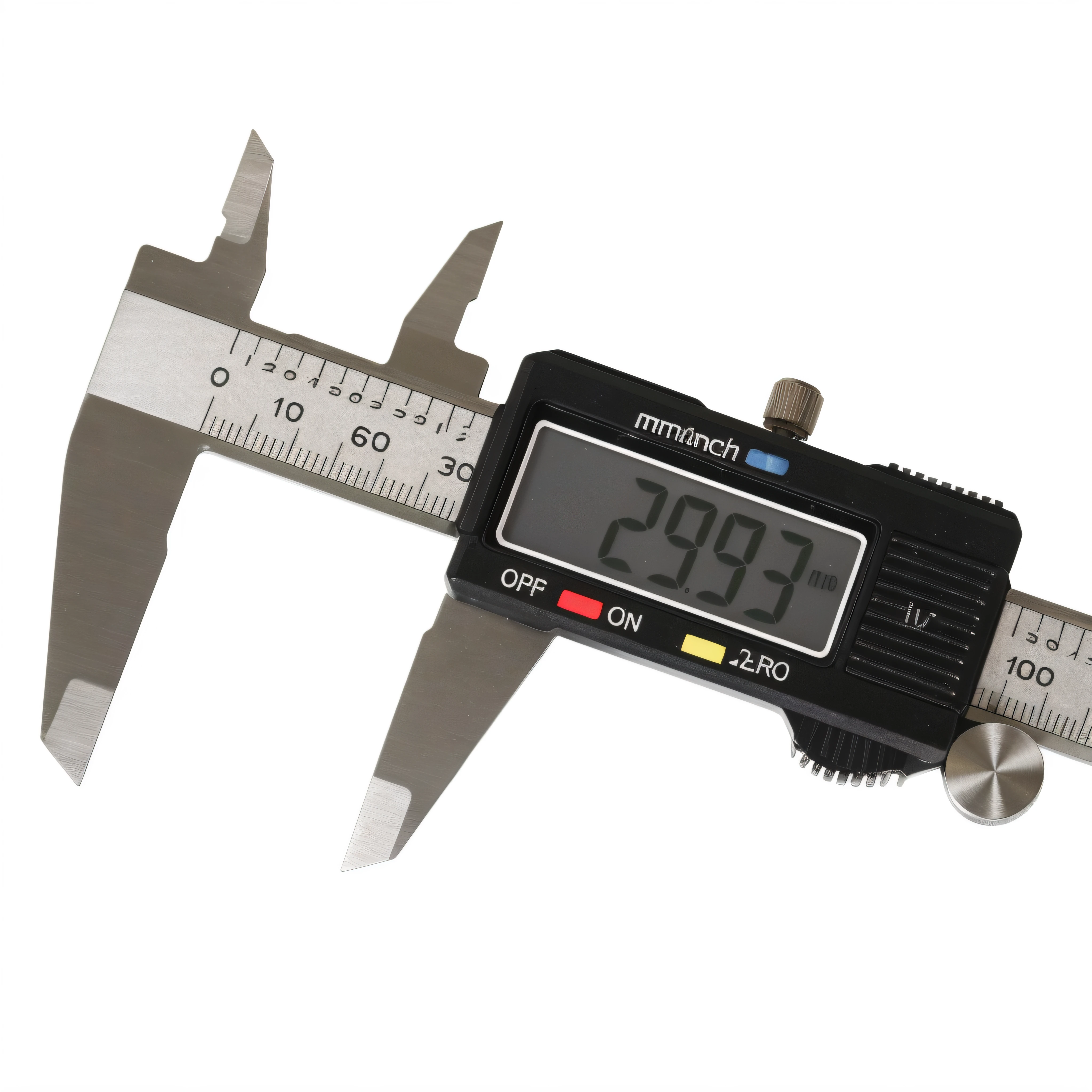 Close-up of caliper with digital display, product introduction photos, high detail product photo, 130mm, 135 mm, 1 3 5 mm, 135mm, high quality product photo, 35 mm product photo”, 1 0 0 mm, 100mm, 2m, detailed wide shot, 105mm