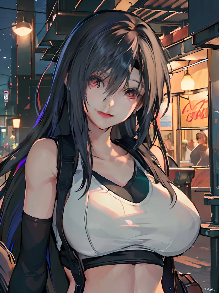 (8K, RAW photo, Best quality, Masterpiece:1.2), (Realistic, photo-realistic:1.4), ff Tifa \(Final Fantasy VII Remake\), 1girll, Black hair, Huge breasts, Night, street, Smile, Front,
