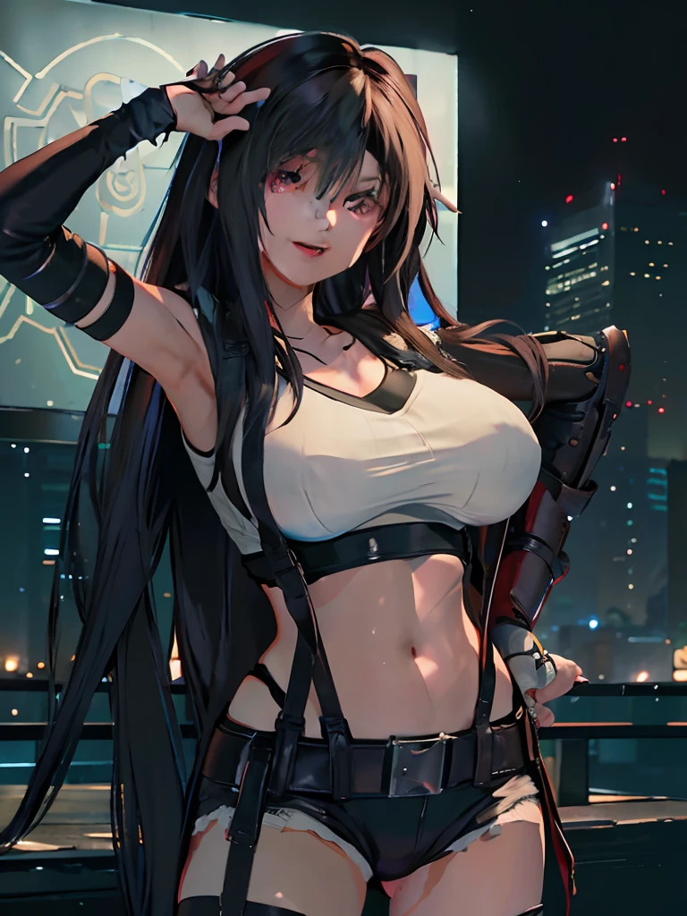 (8K, RAW photo, Best quality, Masterpiece:1.2), (Realistic, photo-realistic:1.4), ff Tifa \(Final Fantasy VII Remake\), 1girll, Black hair, Huge breasts, Night, street, Smile, Front,