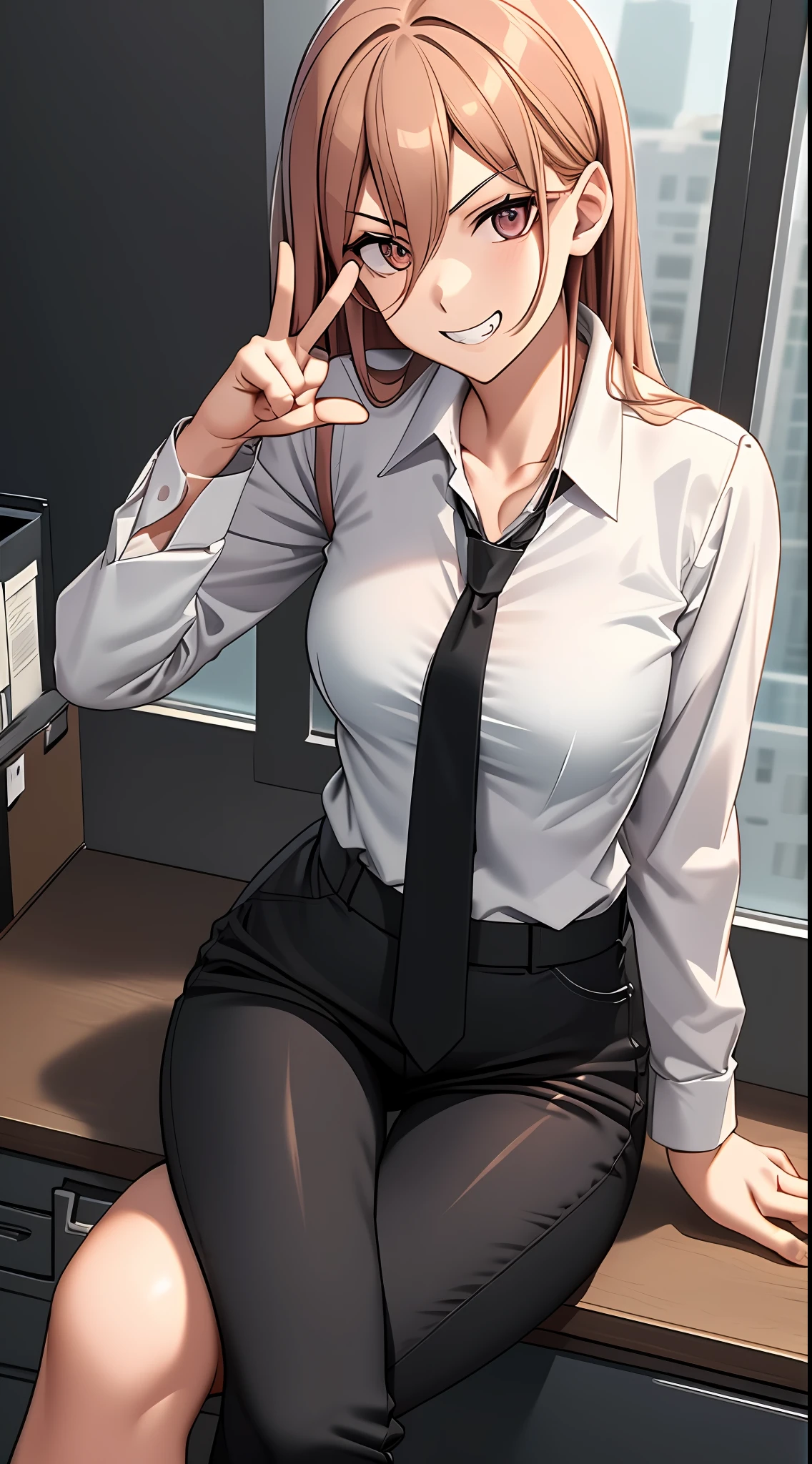 Solo, 1girll, cornea_power, (Sharp teeth:0.8), grin, sitting legs crossed, peace signs, formal, White collared shirt, black necktie, Black pants, ((Office building)), Dynamic Angle, Best quality, Perfect anatomy, A high resolution, absurderes, Extremely detailed Cg Unity 8K wallpaper