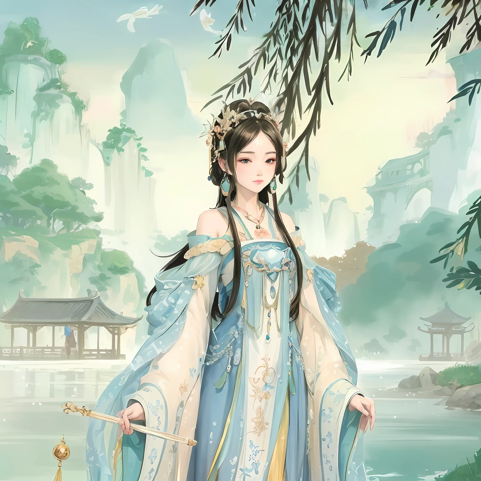 a close up of a woman in a blue dress holding a fan, Palace ， A girl in Hanfu, a beautiful fantasy empress, ((a beautiful fantasy empress)), Inspired by Lan Ying, Beautiful character painting, Princesa chinesa antiga, queen of the sea mu yanling, Inspired by Qiu Ying, xianxia fantasy, full-body xianxia, China Princess