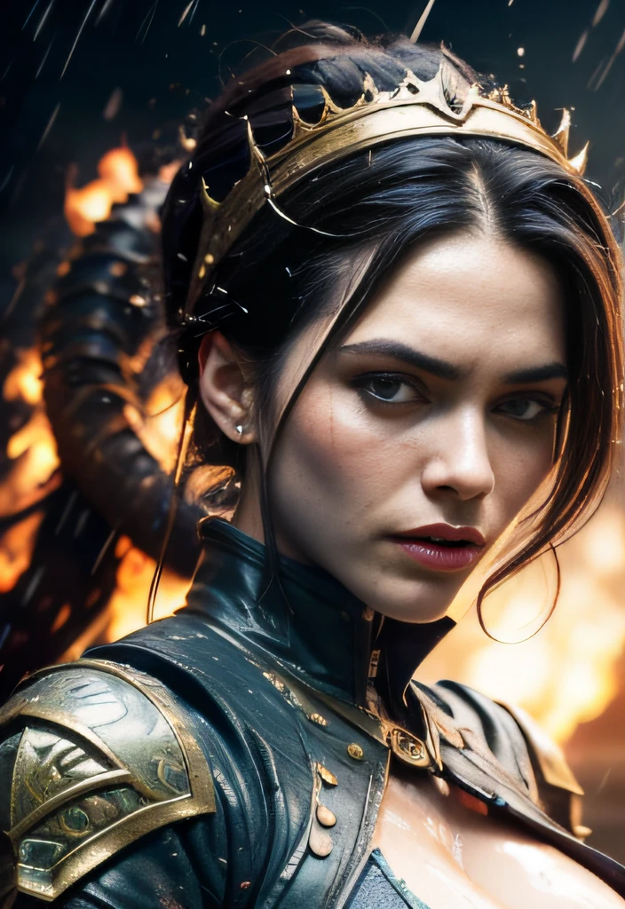 realistic, detailed, realistic details, intricate detail, cgi, masterpiece, best illustration, break, 1girl, slender, tanned skin, black hair, small breast, cleavage, ((wet, sweating)), short hair, black hair, petite, female swordsman, urban samurai, breast plate, ((intricate pattern)), ((torn clothes)), blood, injury, princess, tiara, detailed skin complexion, seductive face, ((riding a horse)), looking at viewer, break, (((detailed background, dark fantasy, raining, medieval battlefield, armies clashing, chaotic, fire, dark, dust, particle effect, , projectile, volumetric fog))), break, cowboy shot, perspective, rule of third, depth and dimension, depth of field, proportion, light and shadow contrast, break,