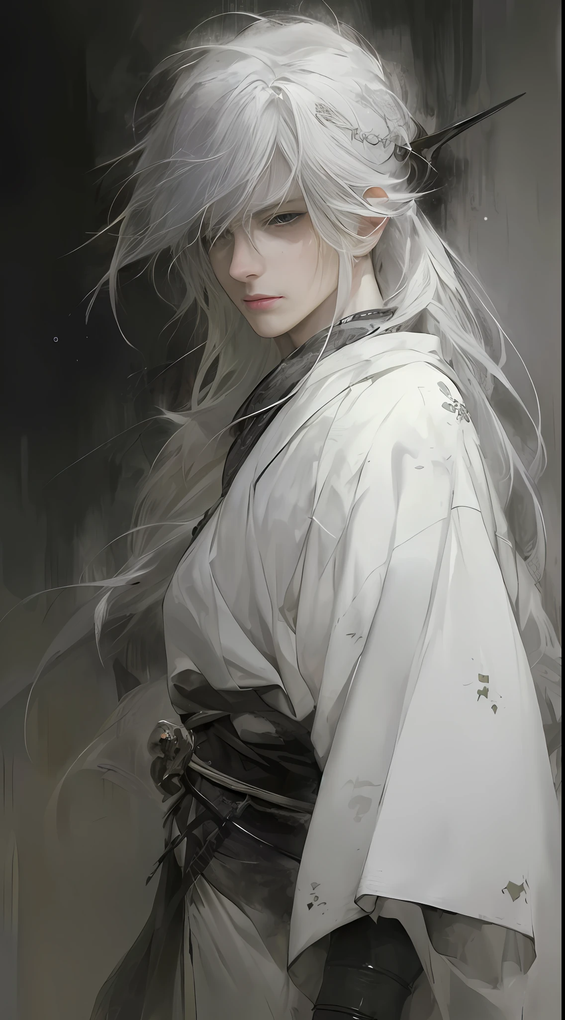 a close up of a person with white hair and a sword, white haired deity, with white long hair, with long white hair, artwork in the style of guweiz, white haired, guweiz, handsome guy in demon slayer art, beautiful character painting, by Yang J, white-haired, guweiz on pixiv artstation, anime character