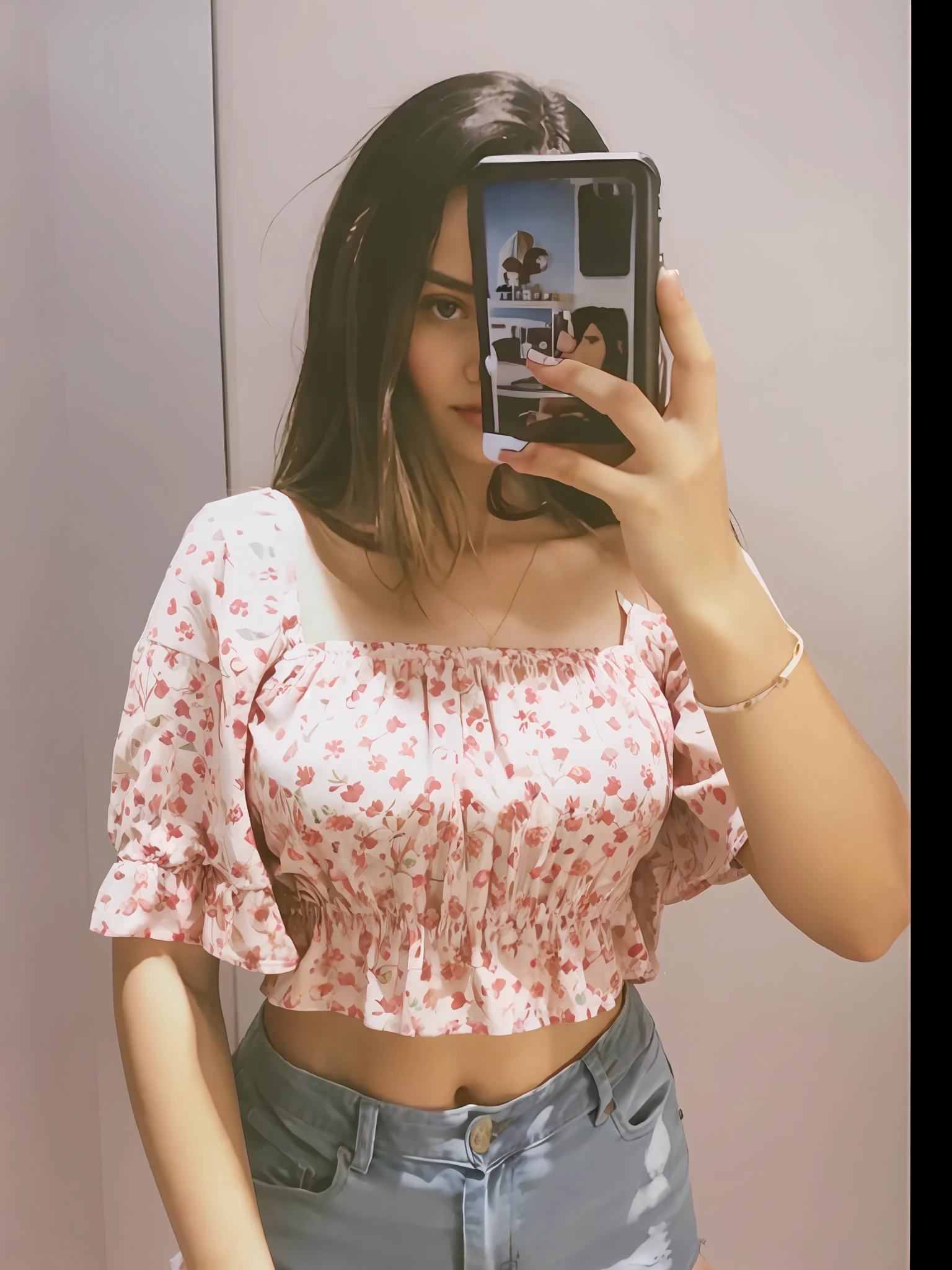 Girl taking a selfie in a mirror with a camera, wearing a cute top, wearing a sexy cropped top, wearing black crop top, croptop, wearing a cropped tops, crop top, wearing a crop top, 18 years old, wearing a cropped top, dressed in a top and shorts, bralette, candid photo, cute top, hazy selfie, low quality filter,